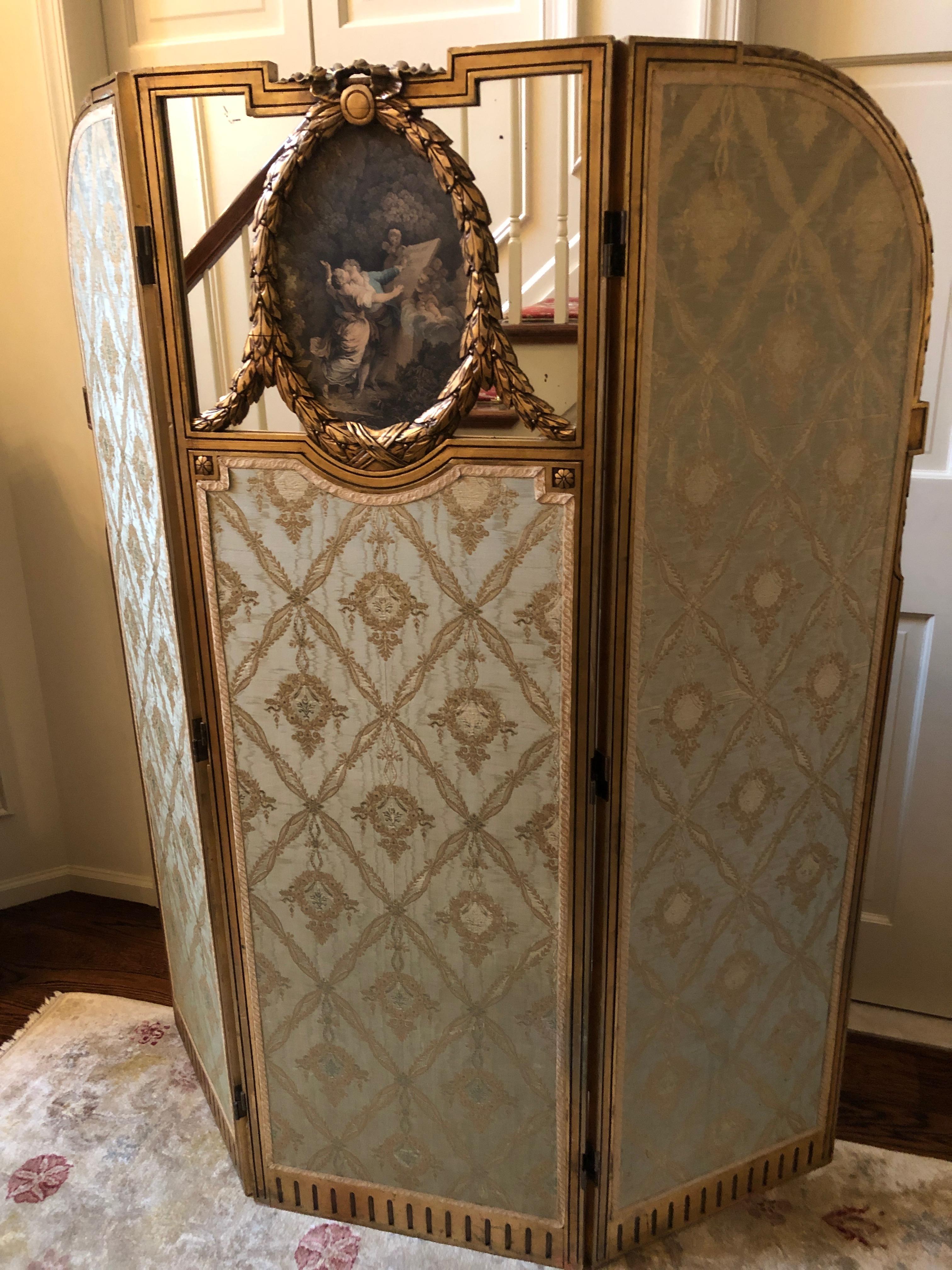 Early 20th Century Super Pretty French Giltwood Mirrored and Silk Brocade 3-Panel Folding Screen For Sale