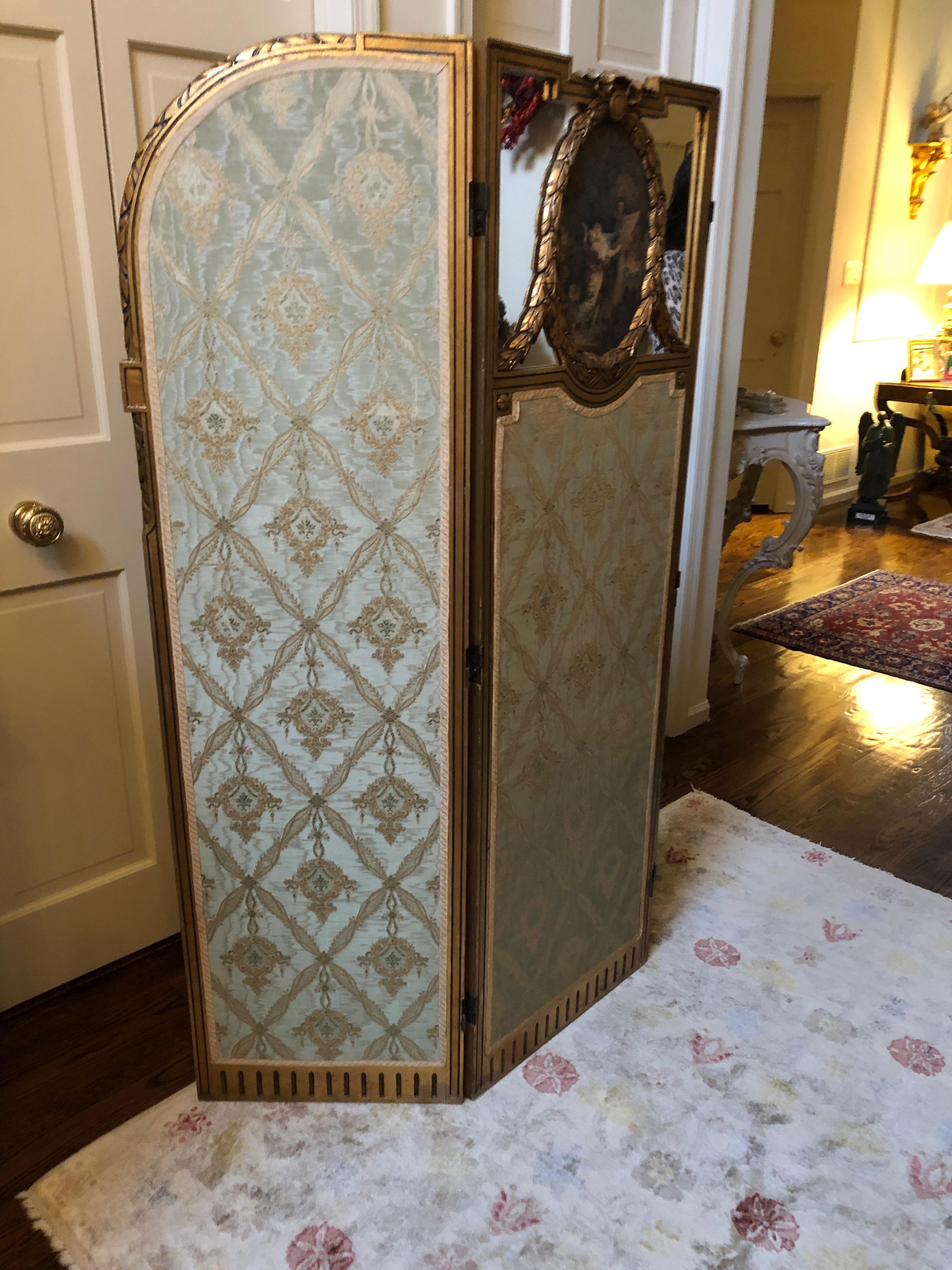 Super Pretty French Giltwood Mirrored and Silk Brocade 3-Panel Folding Screen For Sale 1