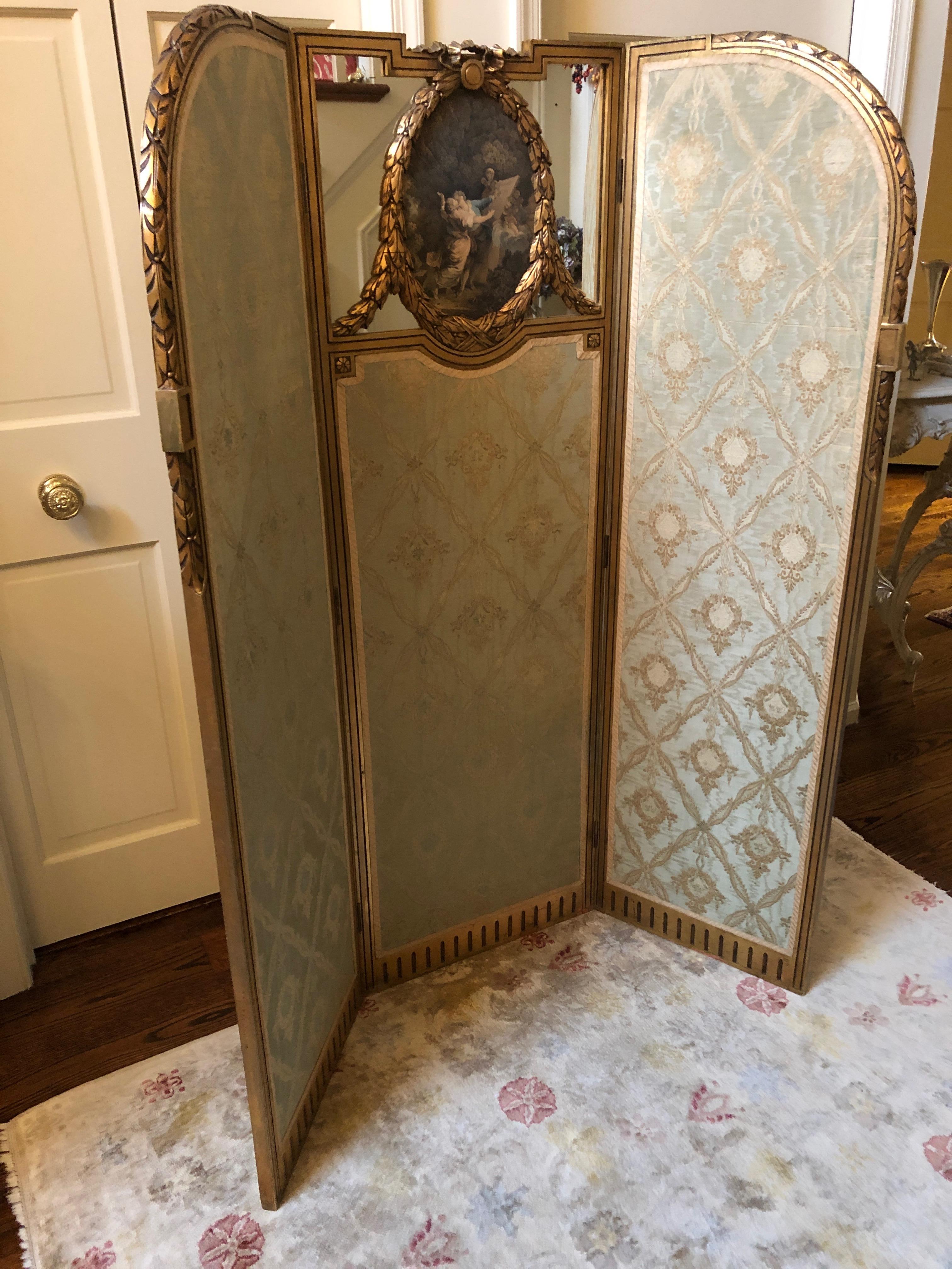 Super Pretty French Giltwood Mirrored and Silk Brocade 3-Panel Folding Screen For Sale 2