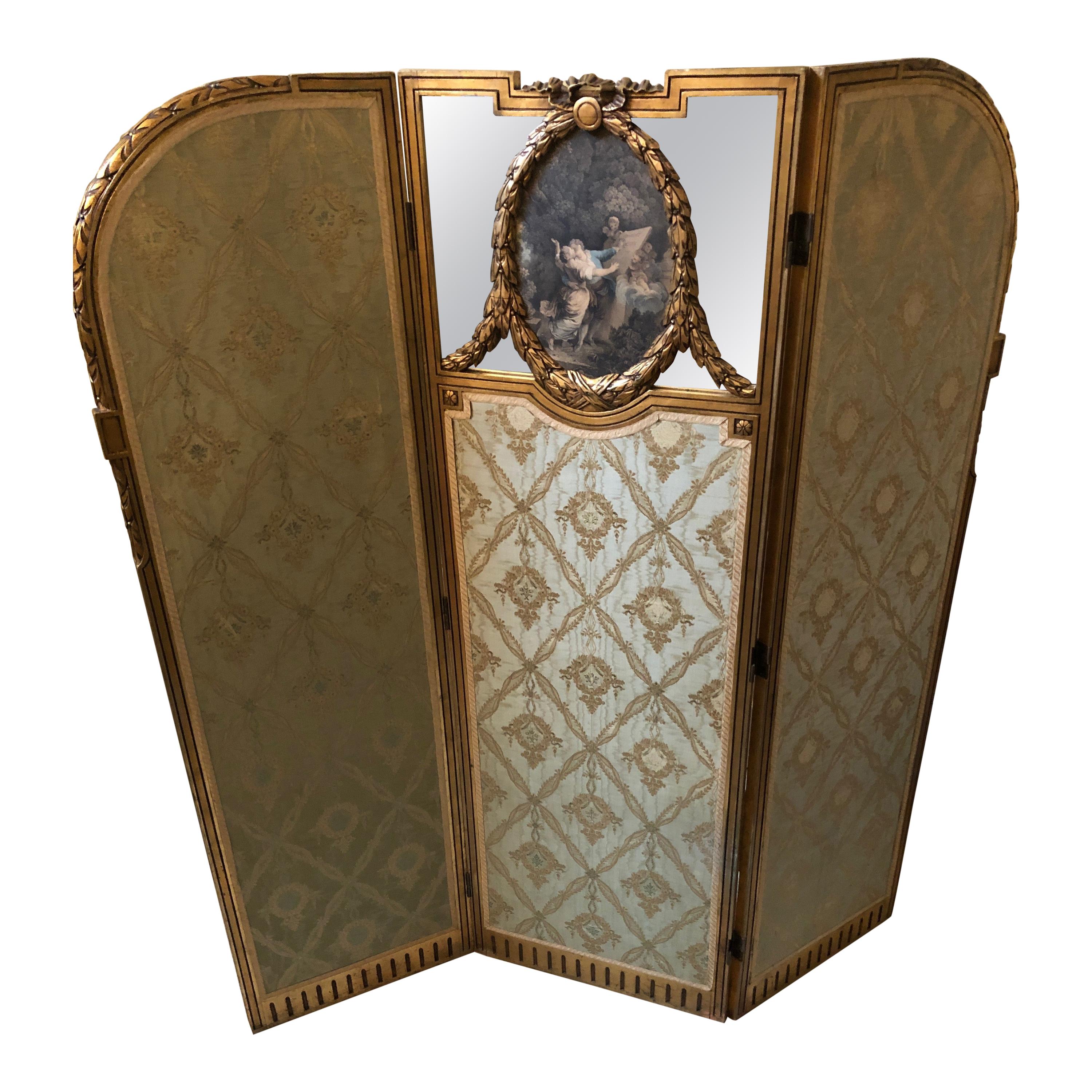 Super Pretty French Giltwood Mirrored and Silk Brocade 3-Panel Folding Screen