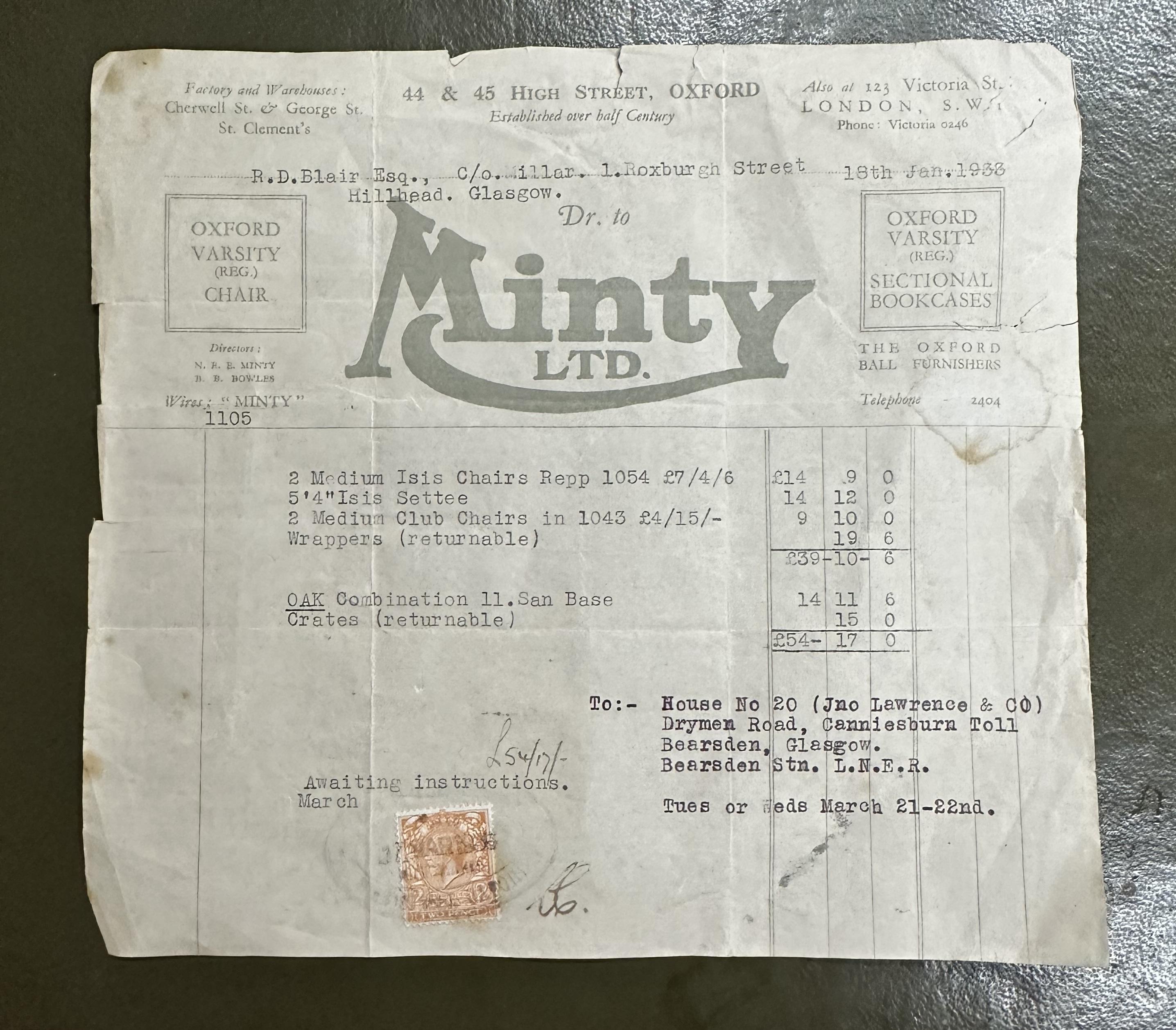 SUPER RARE 1933 ANTiQUE MINTY OXFORD THREE PIECE SOFA & ARMCHAIR SUITE & RECEIPT (Art déco) im Angebot