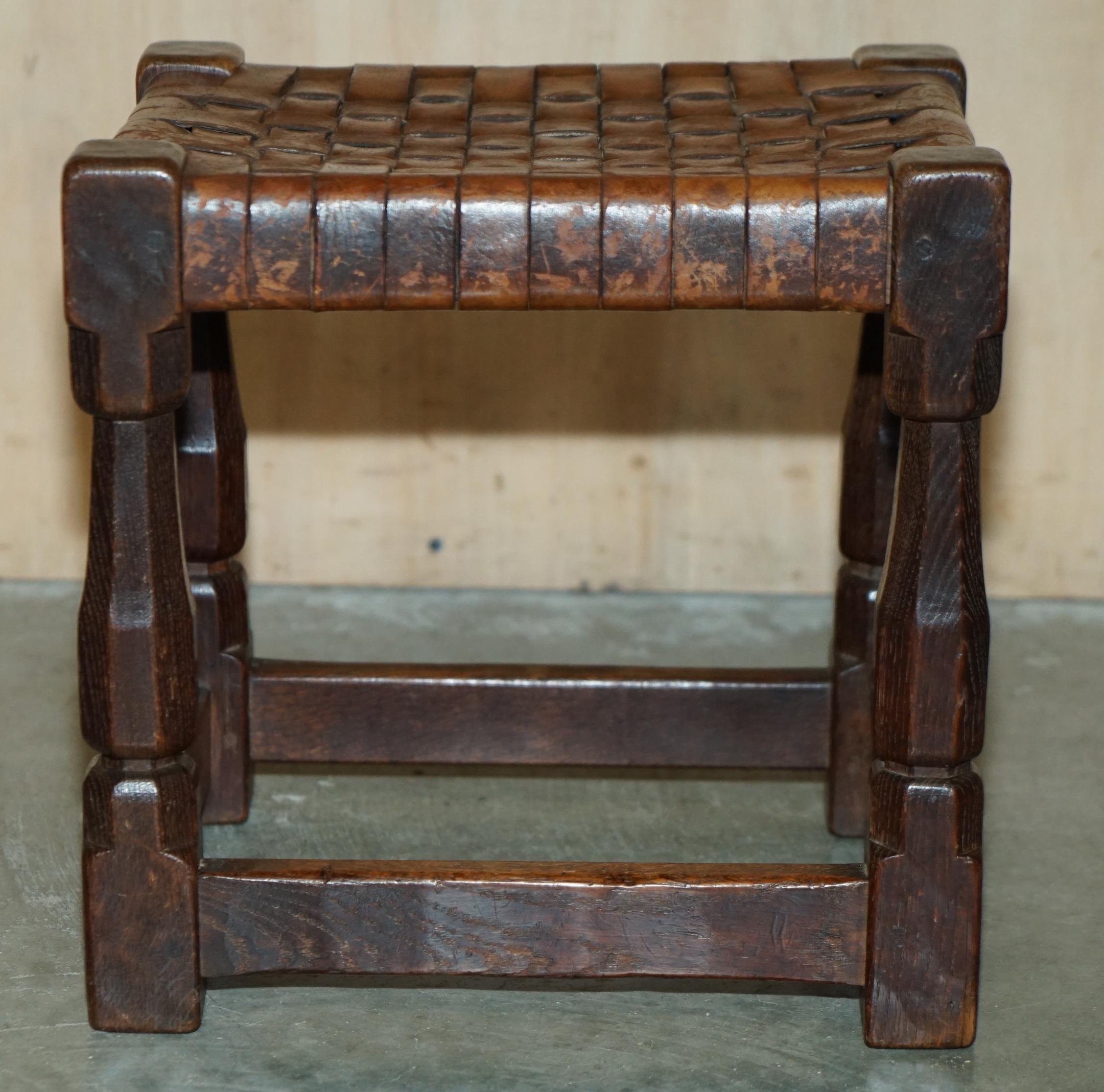 SUPER RARE 1934 DATED ROBERT MOUSEMAN THOMPSON OAK & STRAPPED LEATHER FOOTSTOOl For Sale 3