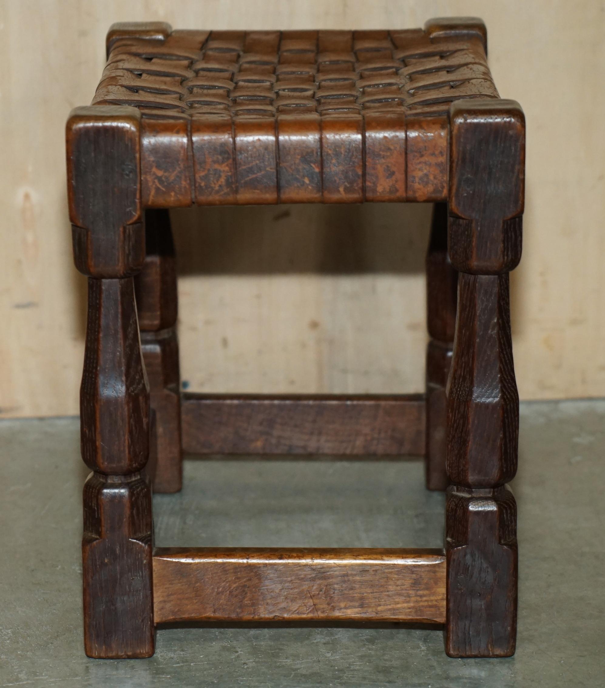 SUPER RARE 1934 DATED ROBERT MOUSEMAN THOMPSON OAK & STRAPPED LEATHER FOOTSTOOl For Sale 4