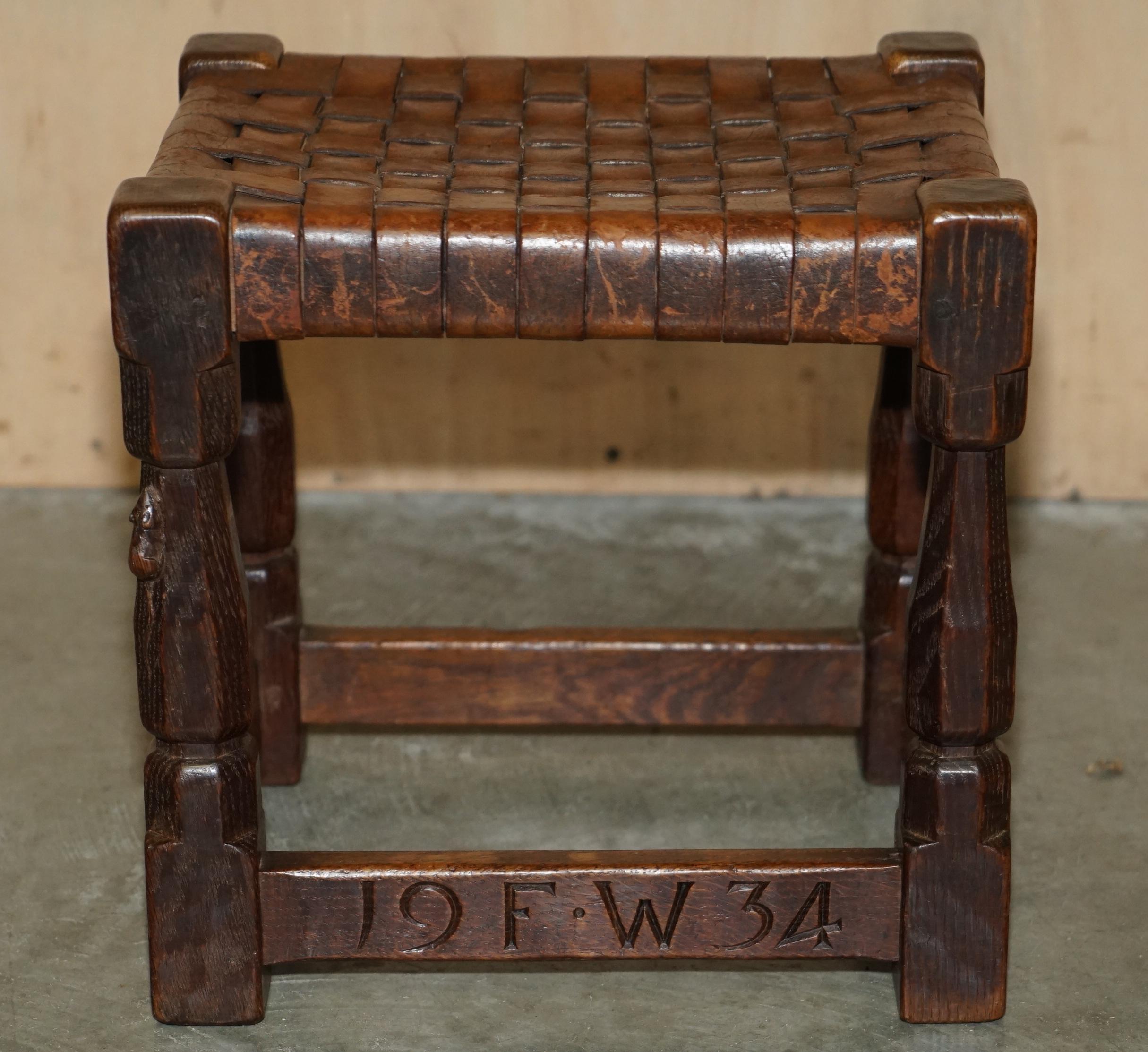 Art Deco SUPER RARE 1934 DATED ROBERT MOUSEMAN THOMPSON OAK & STRAPPED LEATHER FOOTSTOOl For Sale