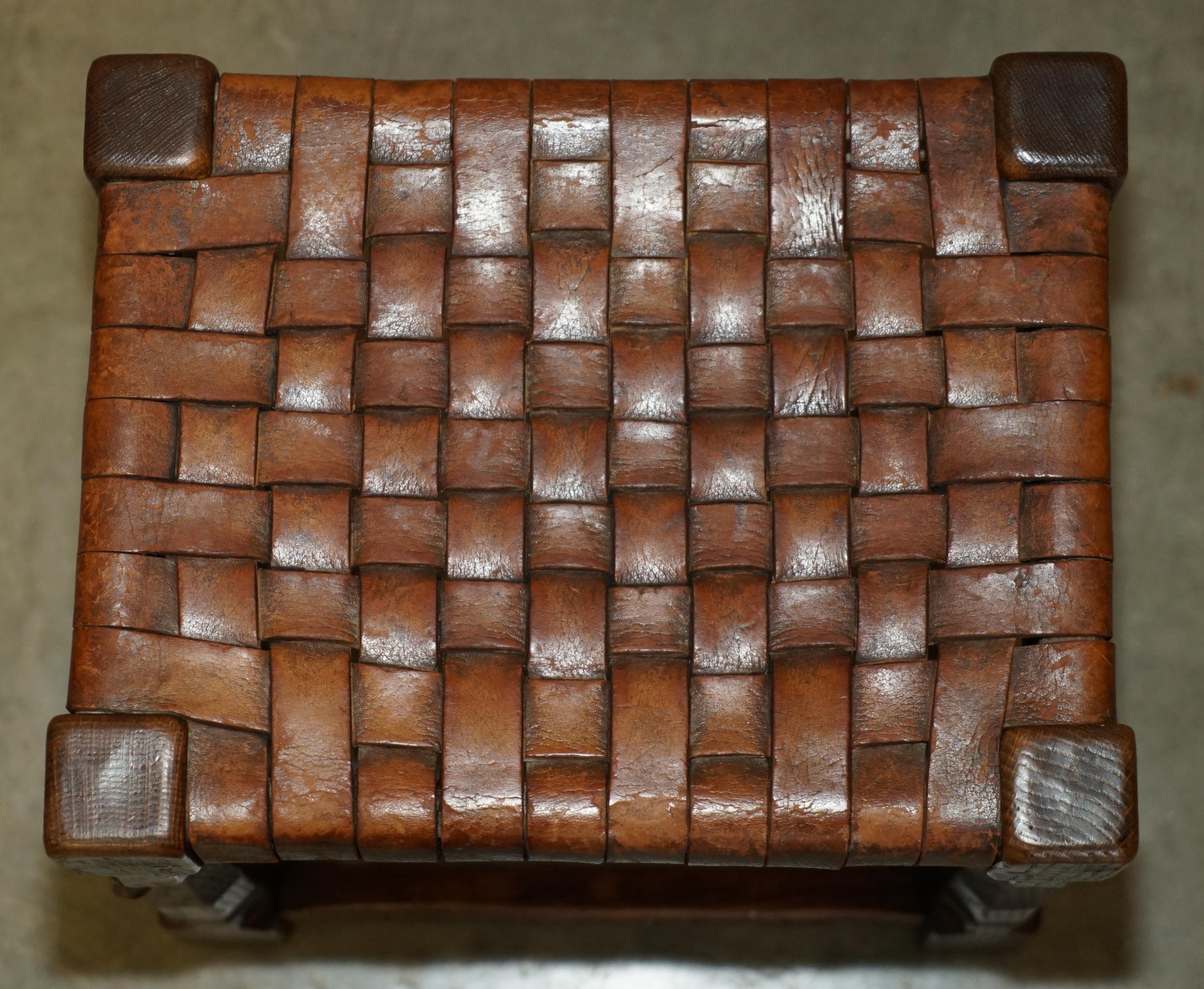 Leather SUPER RARE 1934 DATED ROBERT MOUSEMAN THOMPSON OAK & STRAPPED LEATHER FOOTSTOOl For Sale