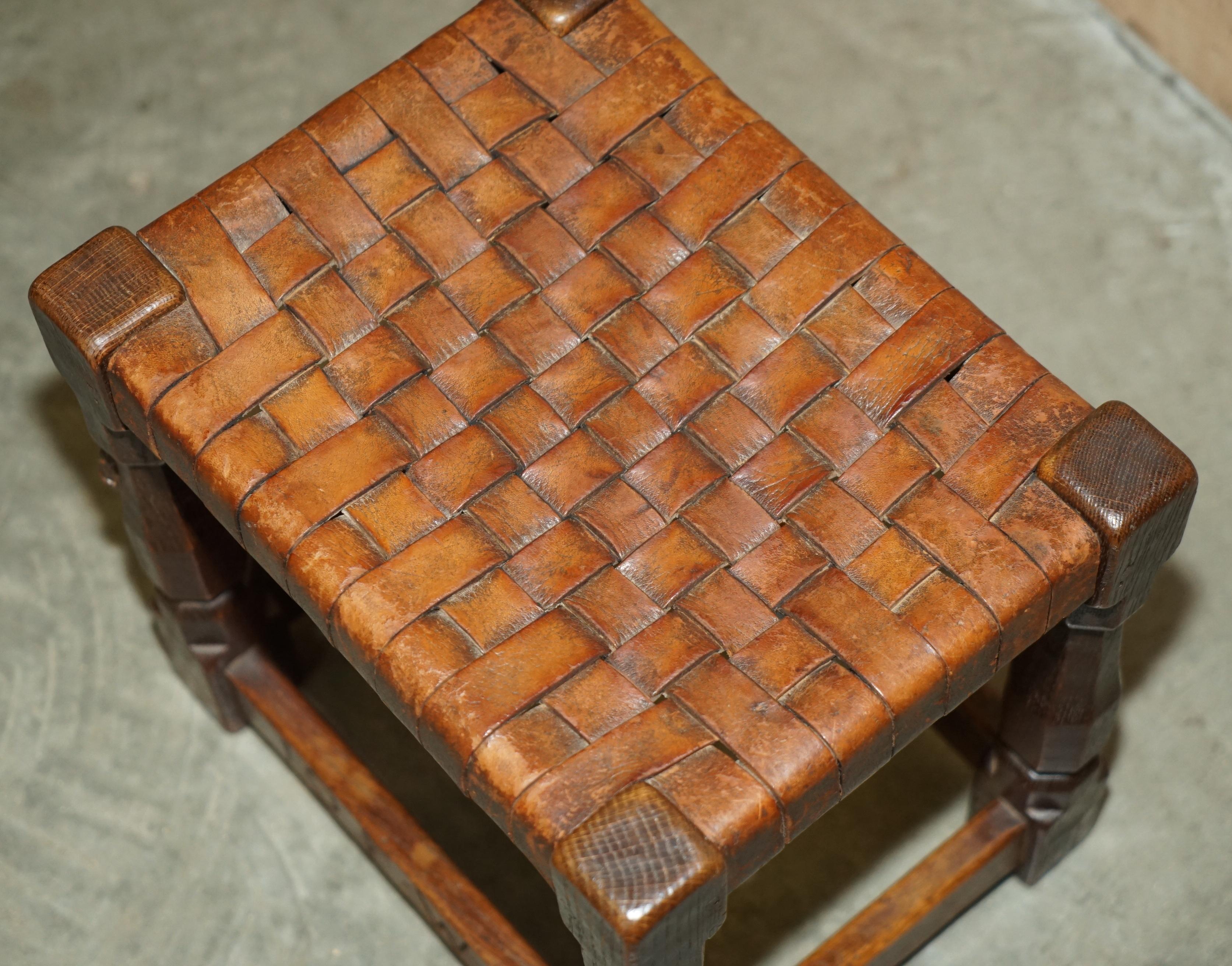 SUPER RARE 1934 DATED ROBERT MOUSEMAN THOMPSON OAK & STRAPPED LEATHER FOOTSTOOl For Sale 1