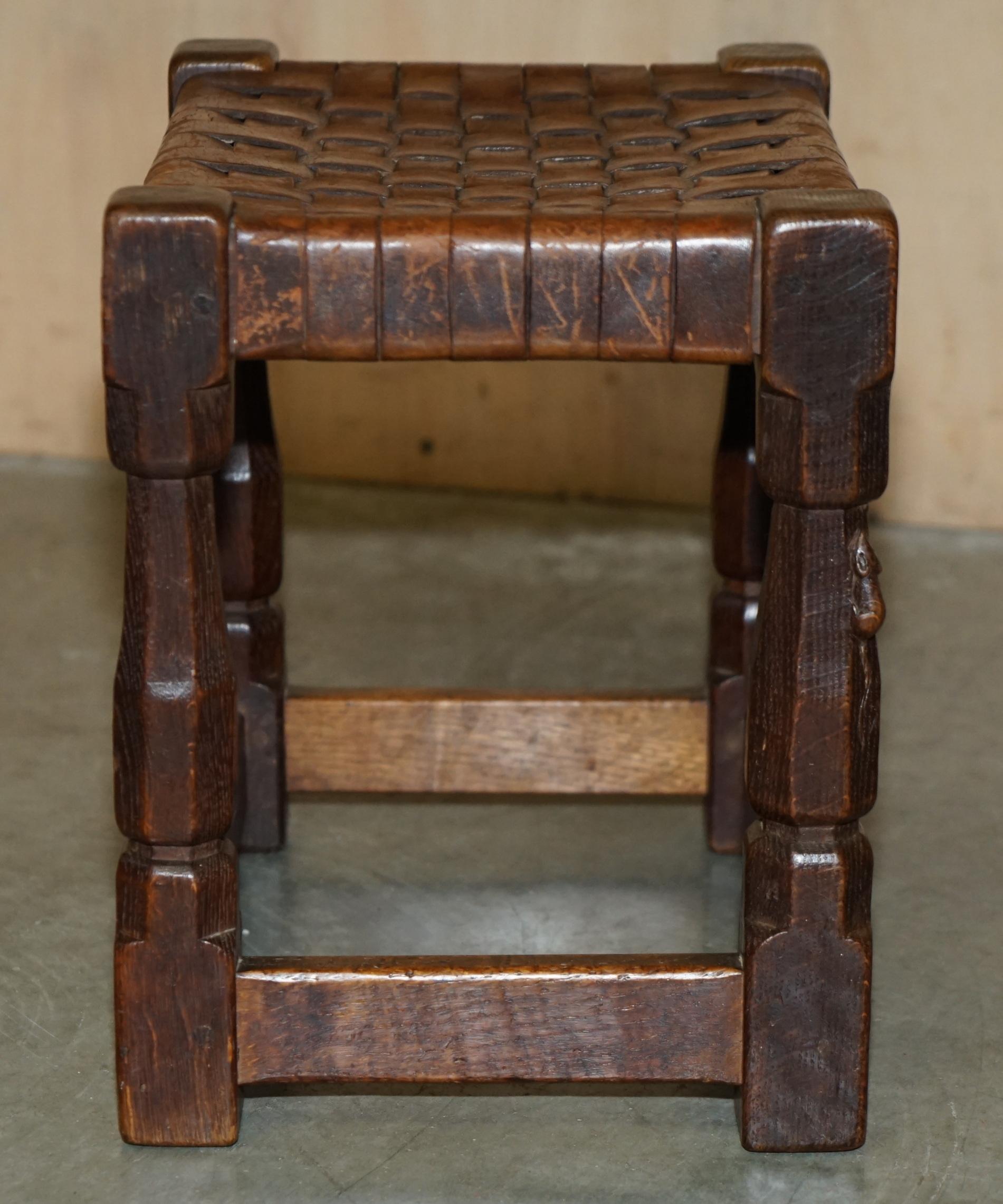 SUPER RARE 1934 DATED ROBERT MOUSEMAN THOMPSON OAK & STRAPPED LEATHER FOOTSTOOl For Sale 2