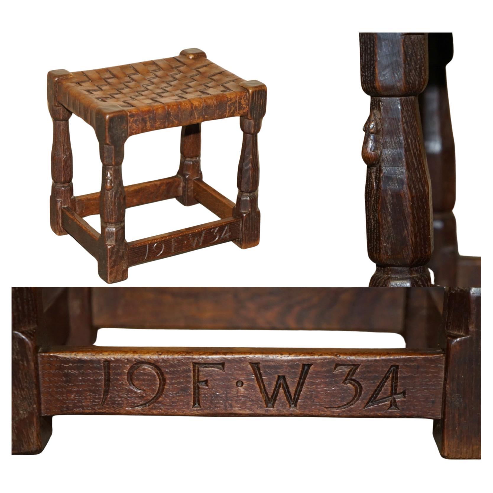 SUPER RARE 1934 DATED ROBERT MOUSEMAN THOMPSON OAK & STRAPPED LEATHER FOOTSTOOl For Sale
