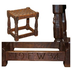 Vintage SUPER RARE 1934 DATED ROBERT MOUSEMAN THOMPSON OAK & STRAPPED LEATHER FOOTSTOOl