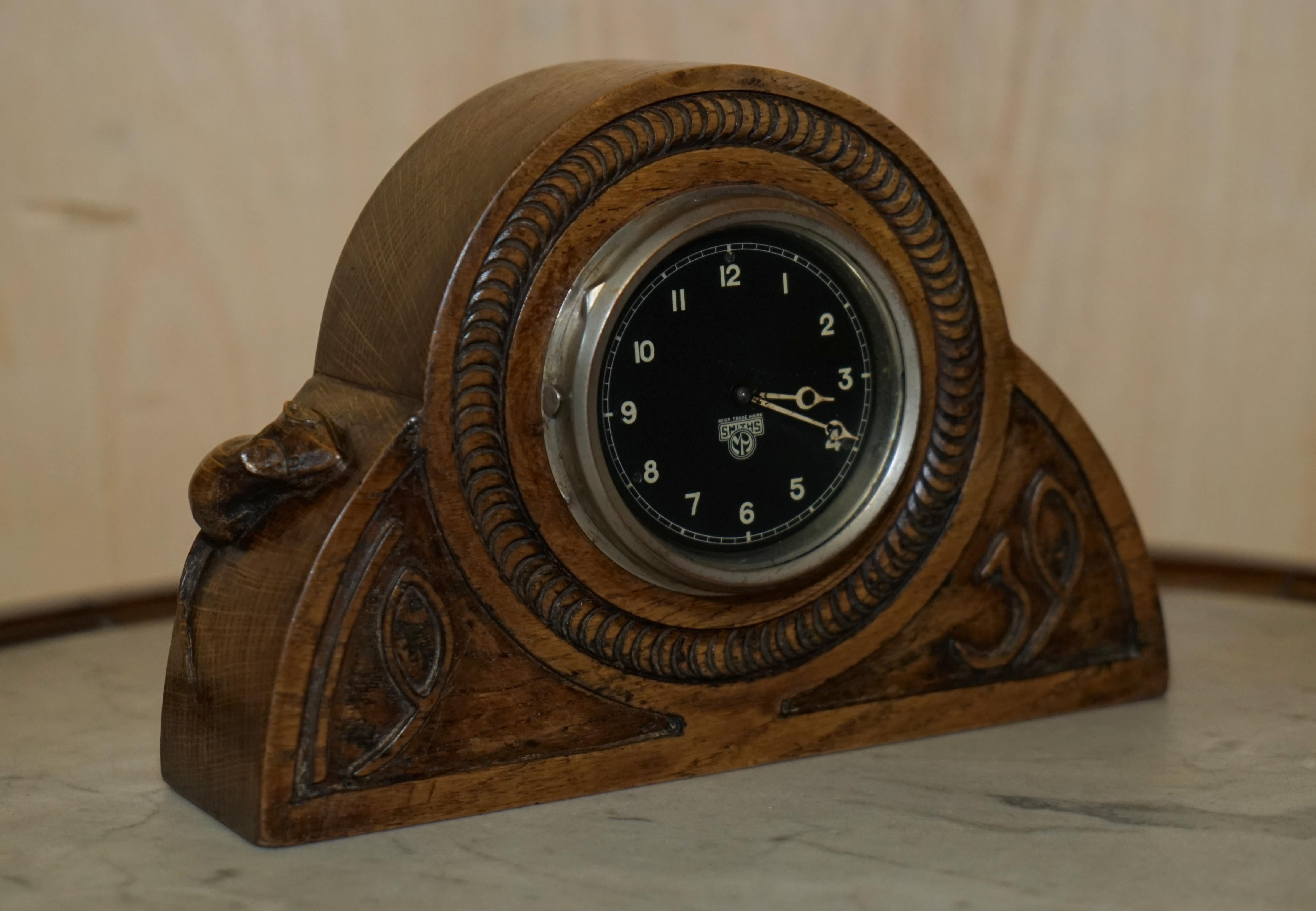 We are delighted to offer for sale this absolutely sublime highly collectable Robert Mouseman Thompson 1939 carved and dated mantle clock with the original Smiths movement 

I bought this piece for myself, I don't want to sell it, it is one of two