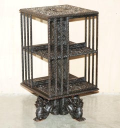 SUPER RARE ANTiQUE 1880 ANGLO INDIAN ORNATELY CARVED REVOLVING BOOKCASE TABLE