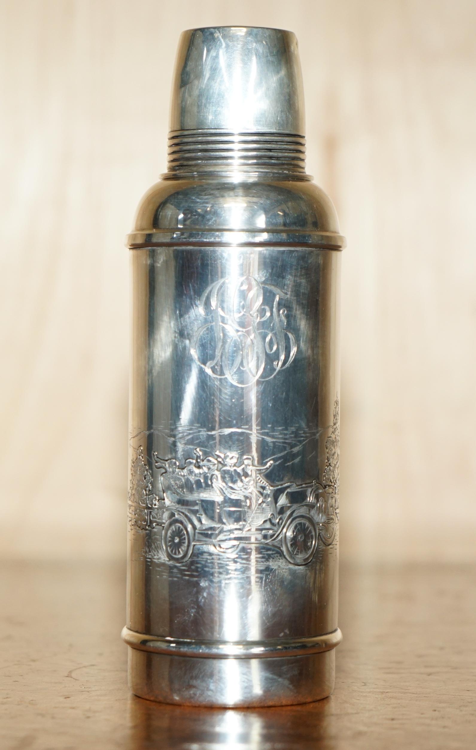 Royal House Antiques

Royal House Antiques is delighted to offer for sale this super rare antique circa 1910 sterling silver flask with embossed from depicting people driving in the countryside in a racing car

A good looking and well made piece, I