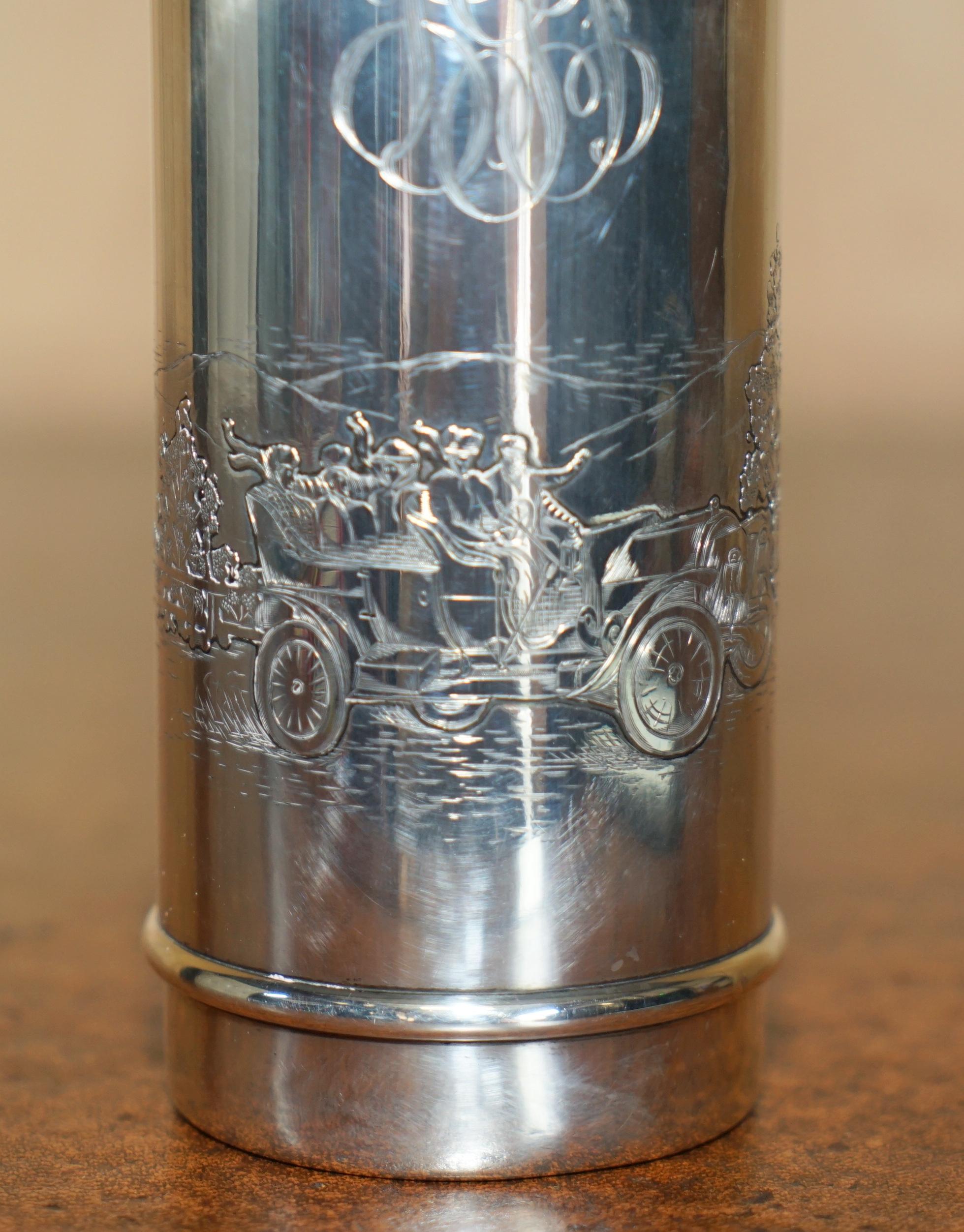 Edwardian SUPER RARE ANTiQUE EDWARDIAN STERLING SILVER FLASK DEPICTING PEOPLE RACING CARS For Sale