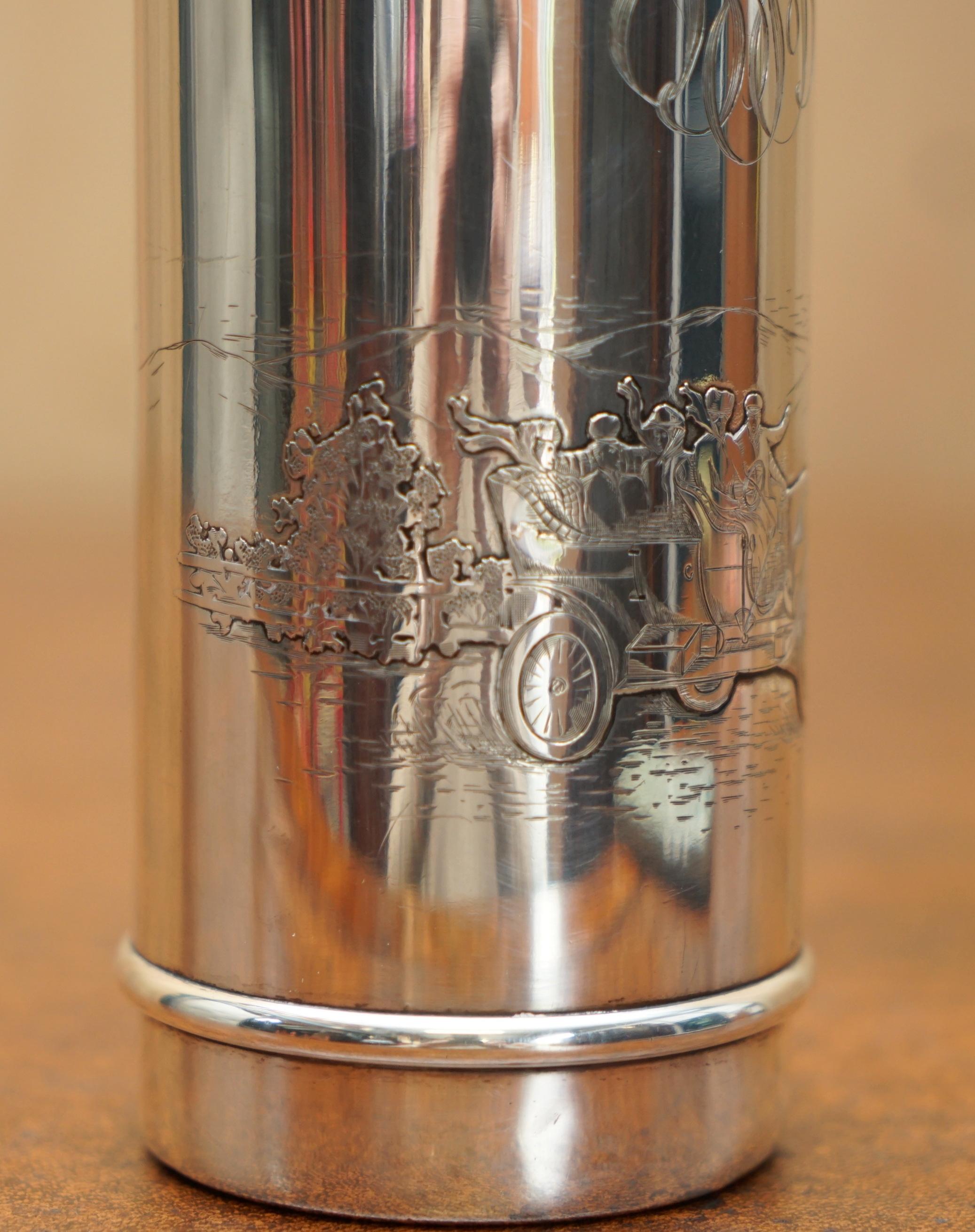 American SUPER RARE ANTiQUE EDWARDIAN STERLING SILVER FLASK DEPICTING PEOPLE RACING CARS For Sale