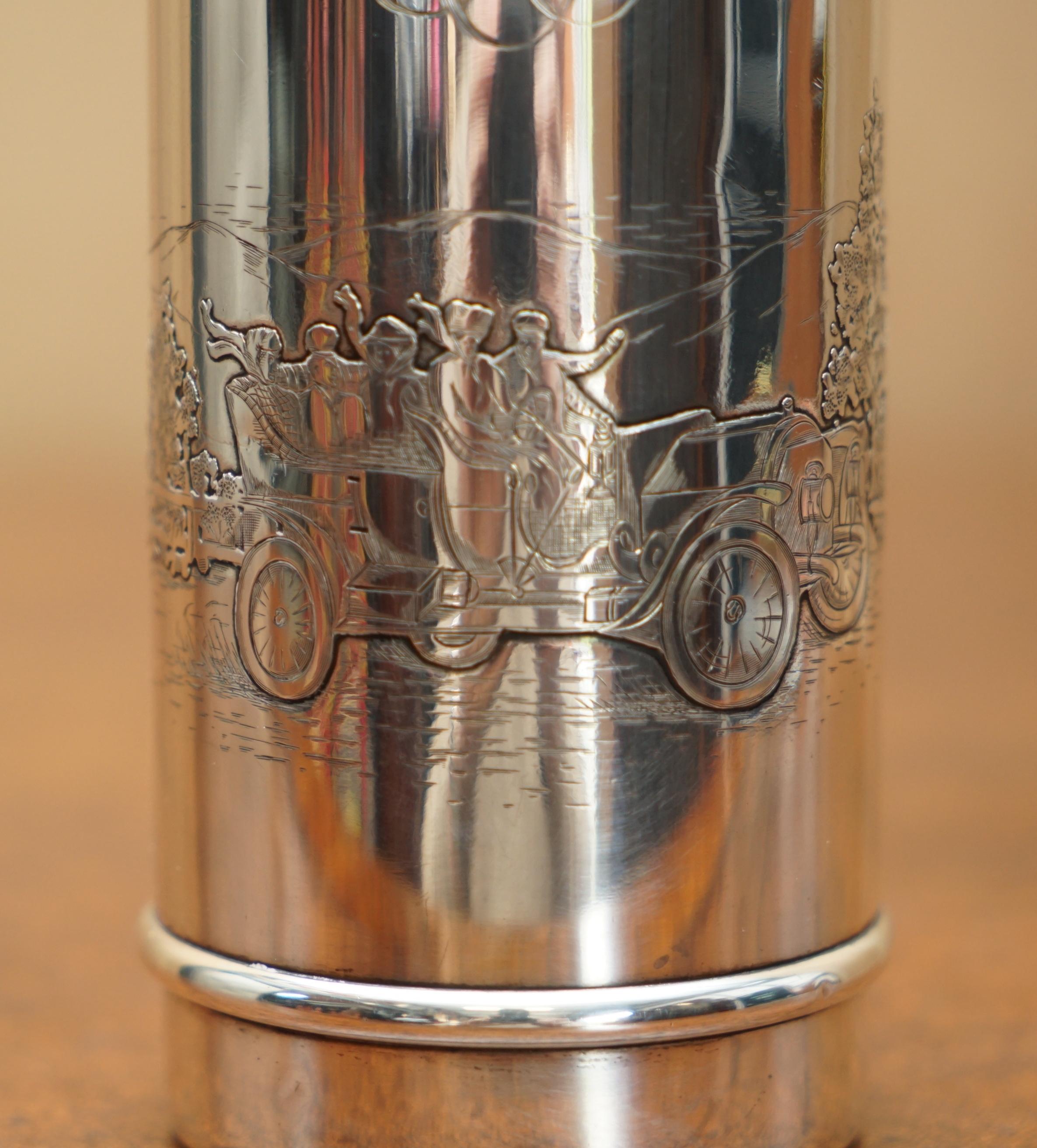 Hand-Crafted SUPER RARE ANTiQUE EDWARDIAN STERLING SILVER FLASK DEPICTING PEOPLE RACING CARS For Sale