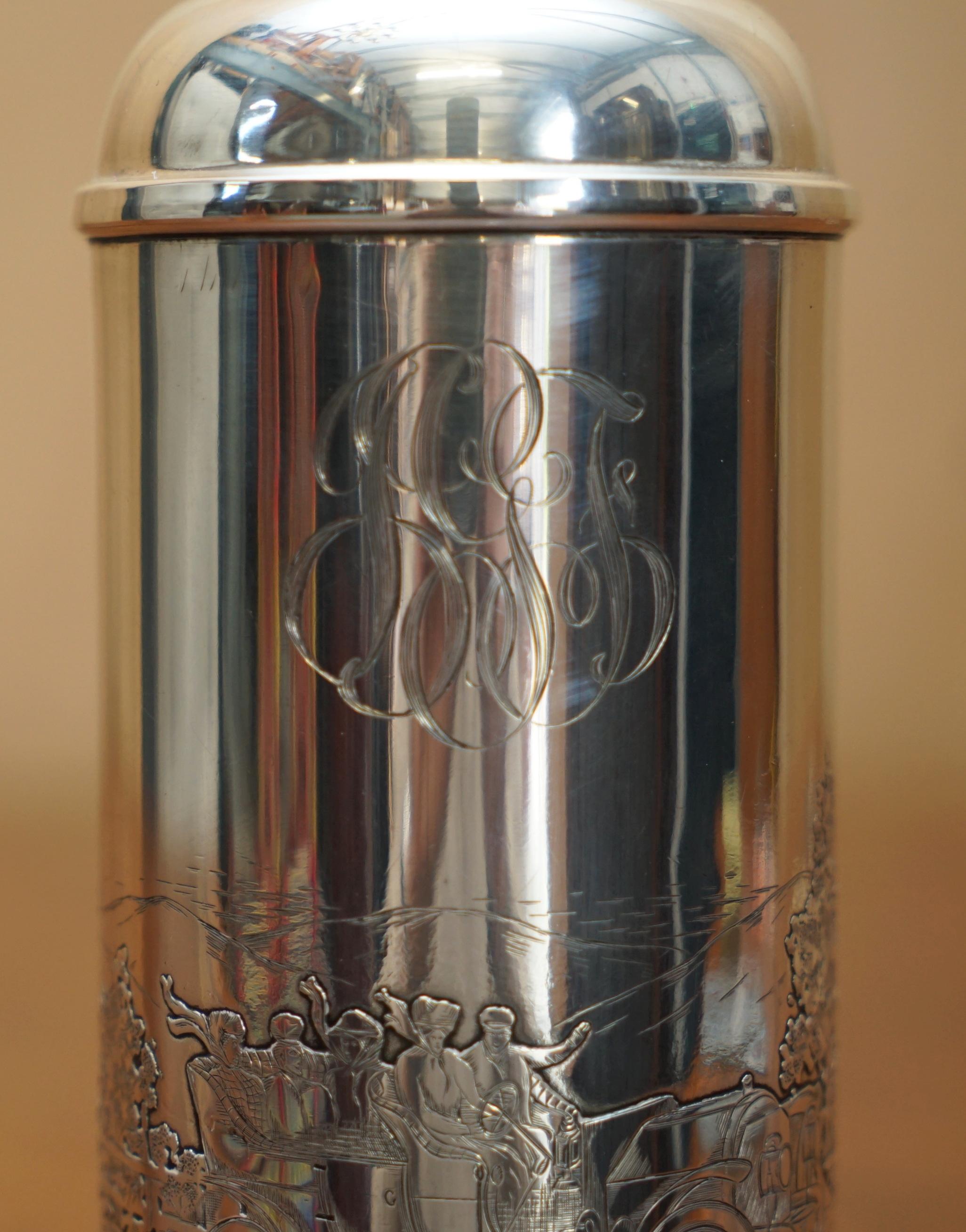 Early 20th Century SUPER RARE ANTiQUE EDWARDIAN STERLING SILVER FLASK DEPICTING PEOPLE RACING CARS For Sale