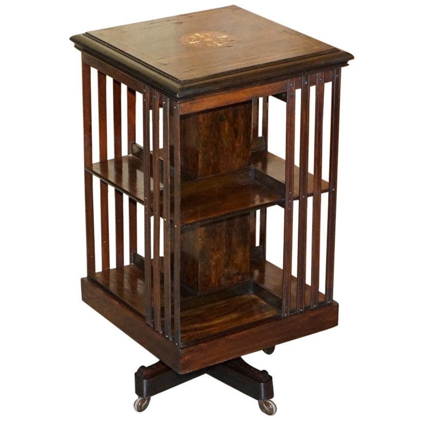Super Rare Antique Hardwood Revolving Bookcase Book Table Sheraton Revival Inlay