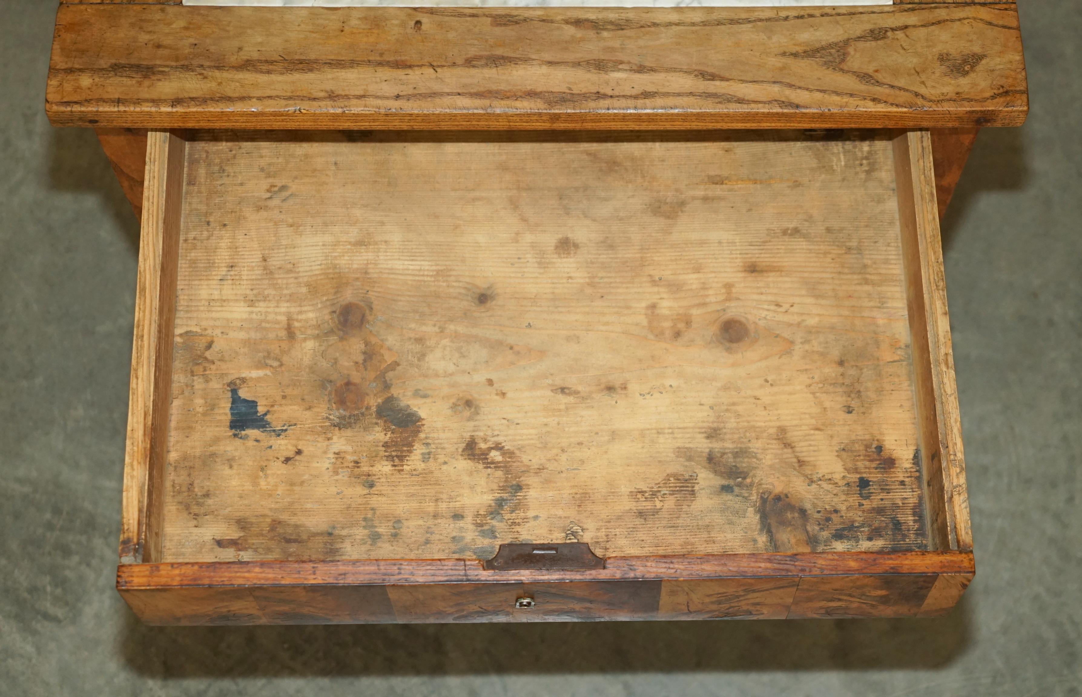 SUPER RARE ANTiQUE LABURNUM OYSTER WOOD MARBLE TOPPED FOOD PREPARATION TABLE For Sale 12