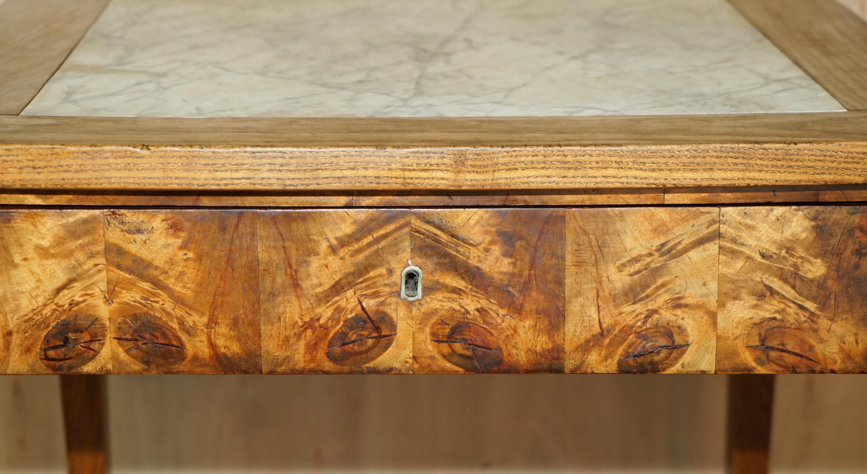 SUPER RARE ANTiQUE LABURNUM OYSTER WOOD MARBLE TOPPED FOOD PREPARATION TABLE In Good Condition For Sale In West Sussex, Pulborough