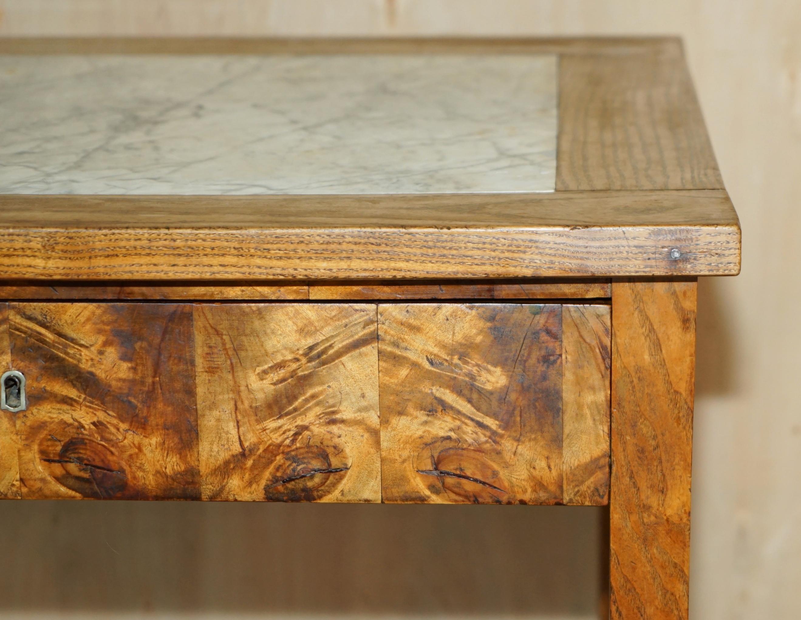 19th Century SUPER RARE ANTiQUE LABURNUM OYSTER WOOD MARBLE TOPPED FOOD PREPARATION TABLE For Sale