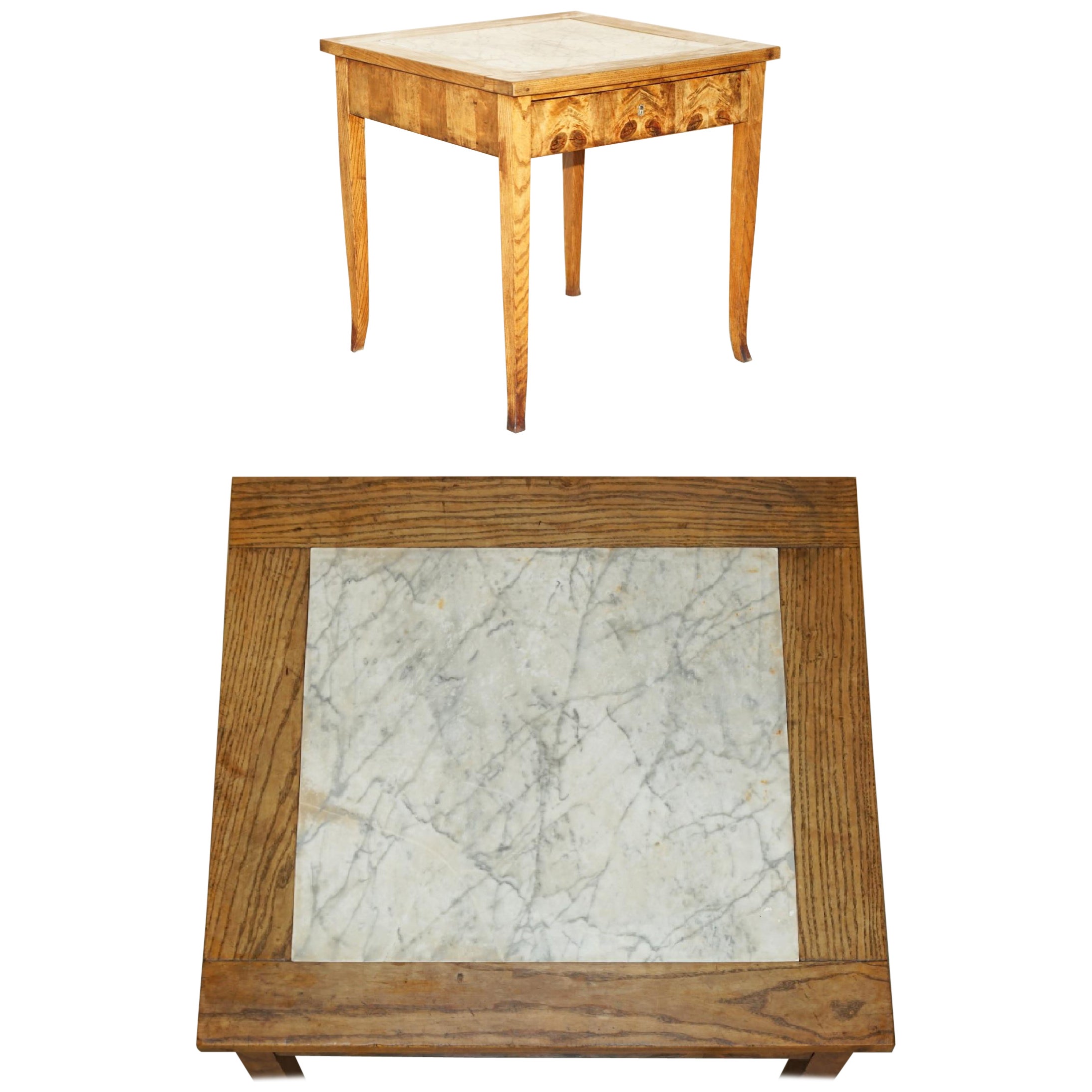 SUPER RARE ANTiQUE LABURNUM OYSTER WOOD MARBLE TOPPED FOOD PREPARATION TABLE For Sale