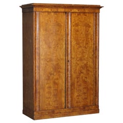 Superbe et rare armoire victorienne ancienne en loupe et broussin de bois fruitier lourdement brûlé de 1880