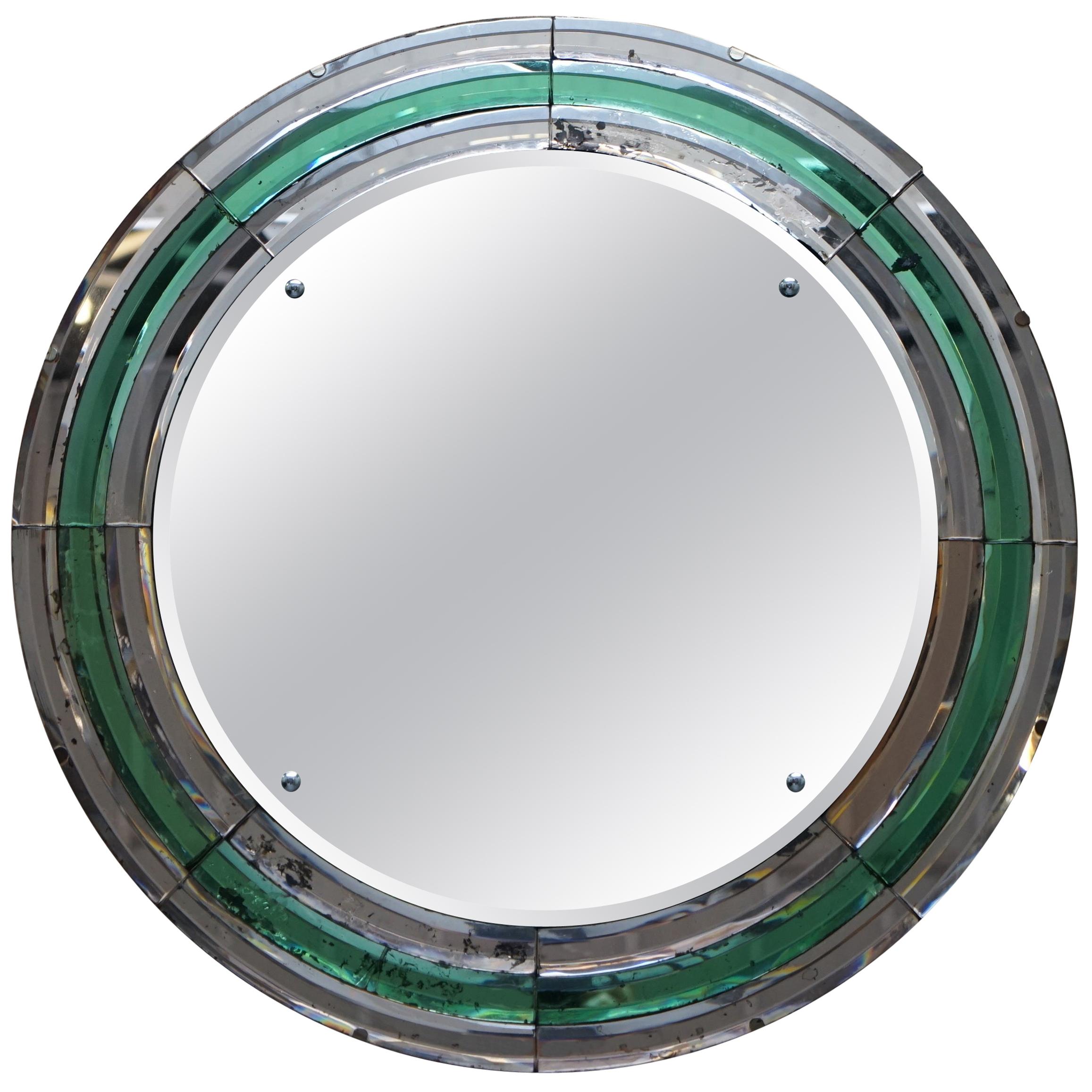 Super Rare Art Deco circa 1930s Peach & Murano Emerald Glass Round Wall Mirror