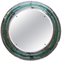 Vintage Super Rare Art Deco circa 1930s Peach & Murano Emerald Glass Round Wall Mirror