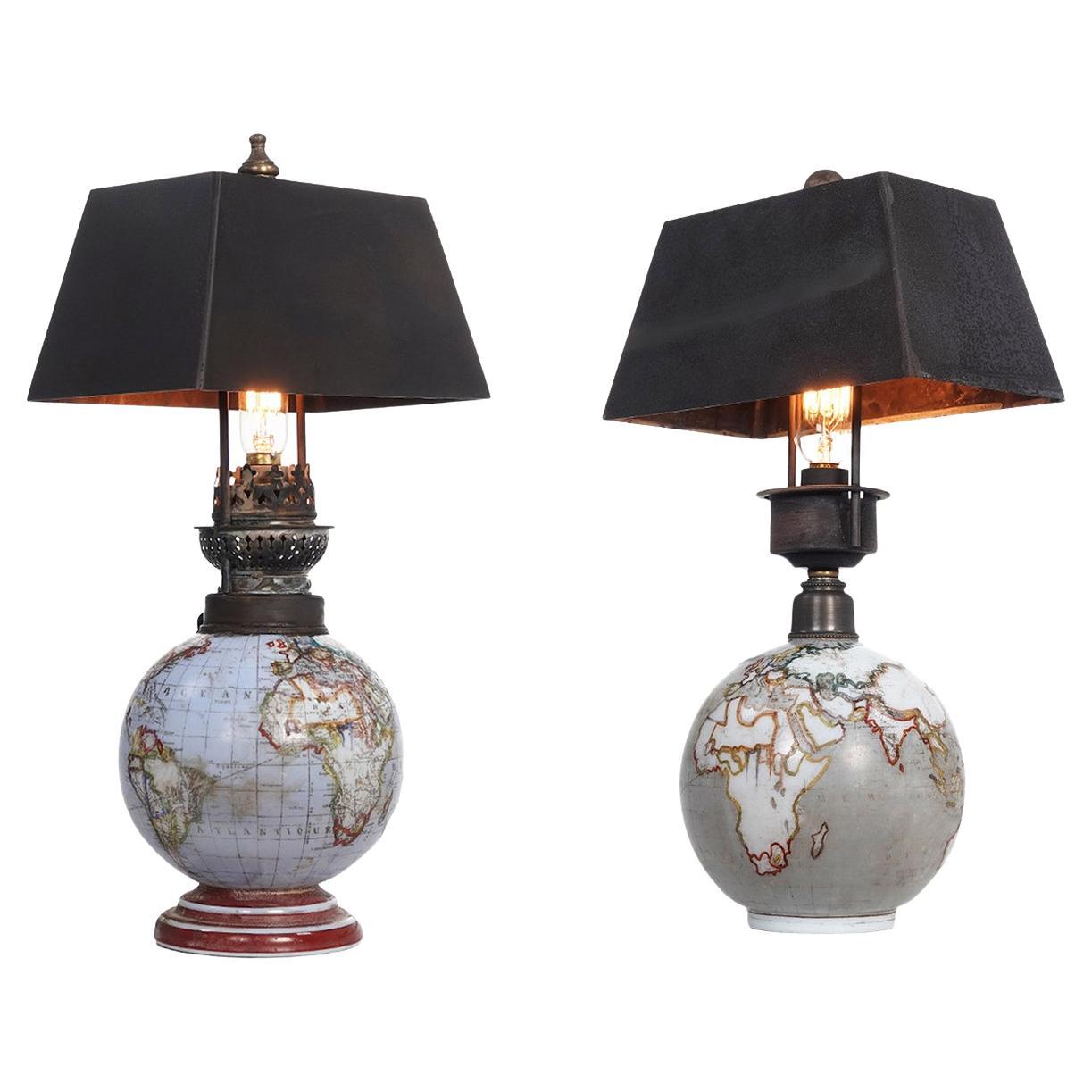 Super Rare Glass World Globe Boudoir Table Lamps, Pair