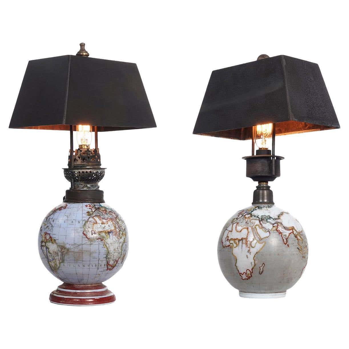 Super Rare Glass World Globe Boudoir Table Lamps, Pair For Sale at 1stDibs