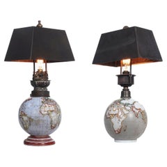 Super Rare Glass World Globe Boudoir Table Lamps, Pair