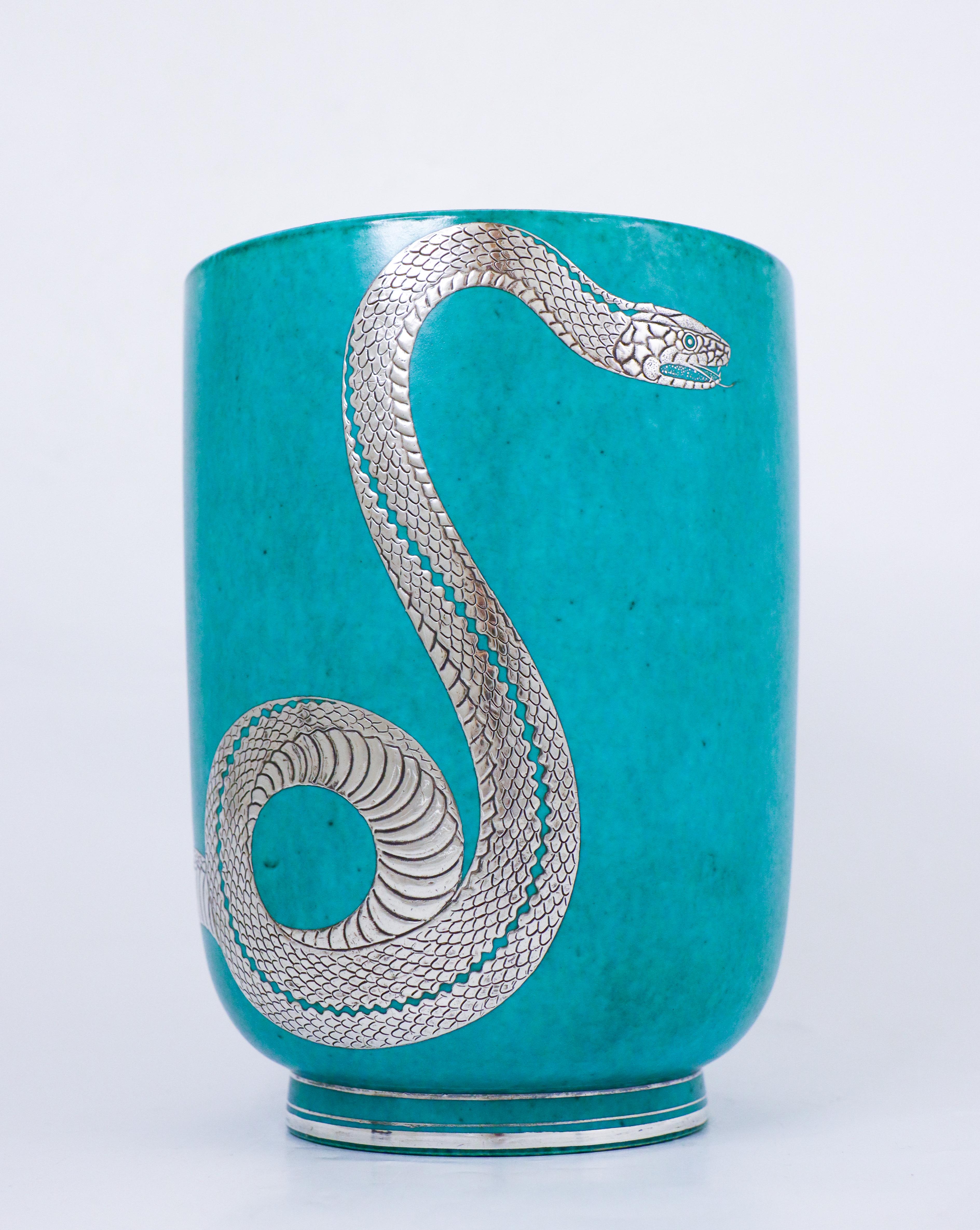 Super Rare Green Large Vase Argenta - Wilhelm Kåge - Gustavsberg - Snake For Sale 2