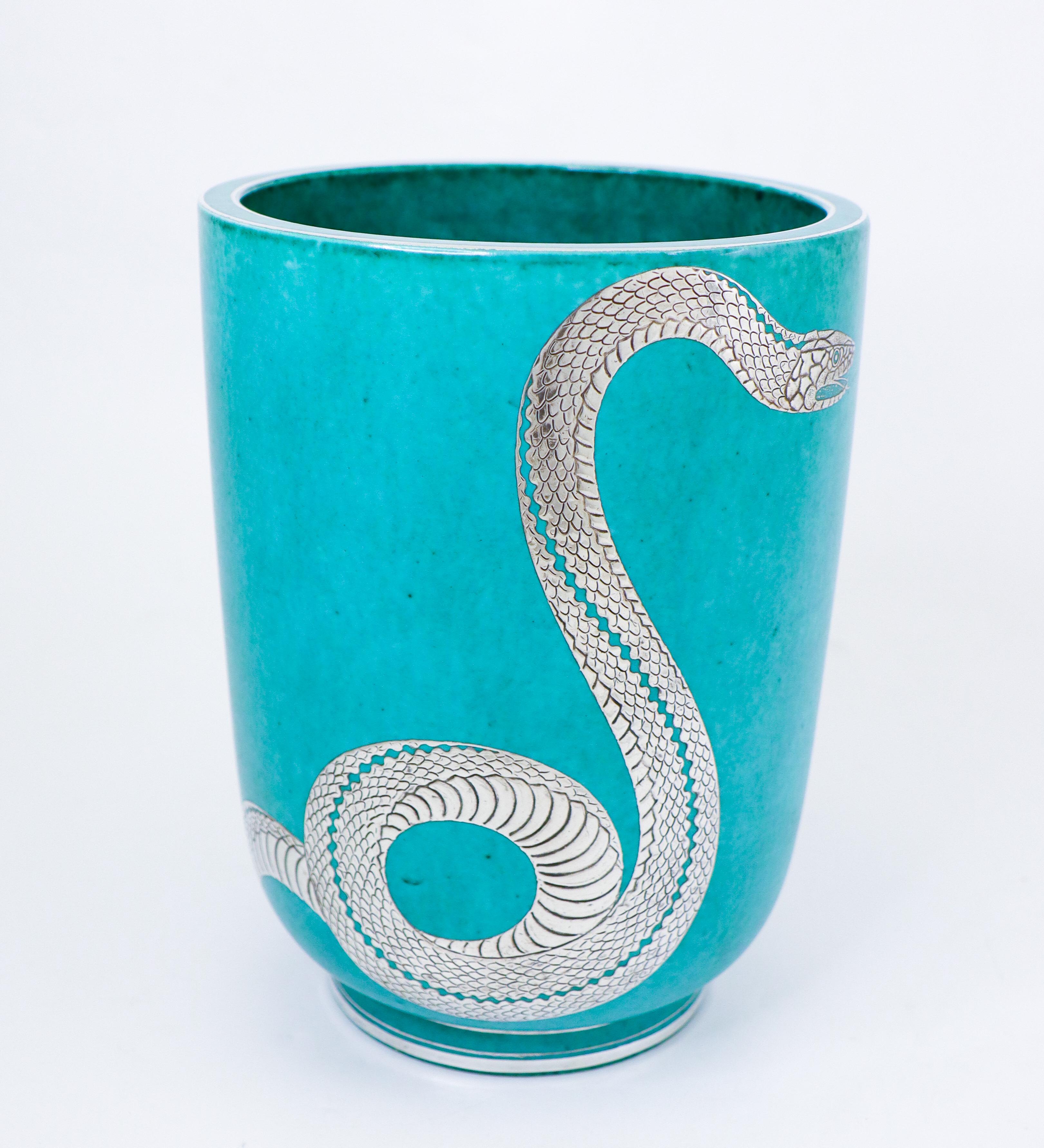 Scandinavian Modern Super Rare Green Large Vase Argenta - Wilhelm Kåge - Gustavsberg - Snake For Sale