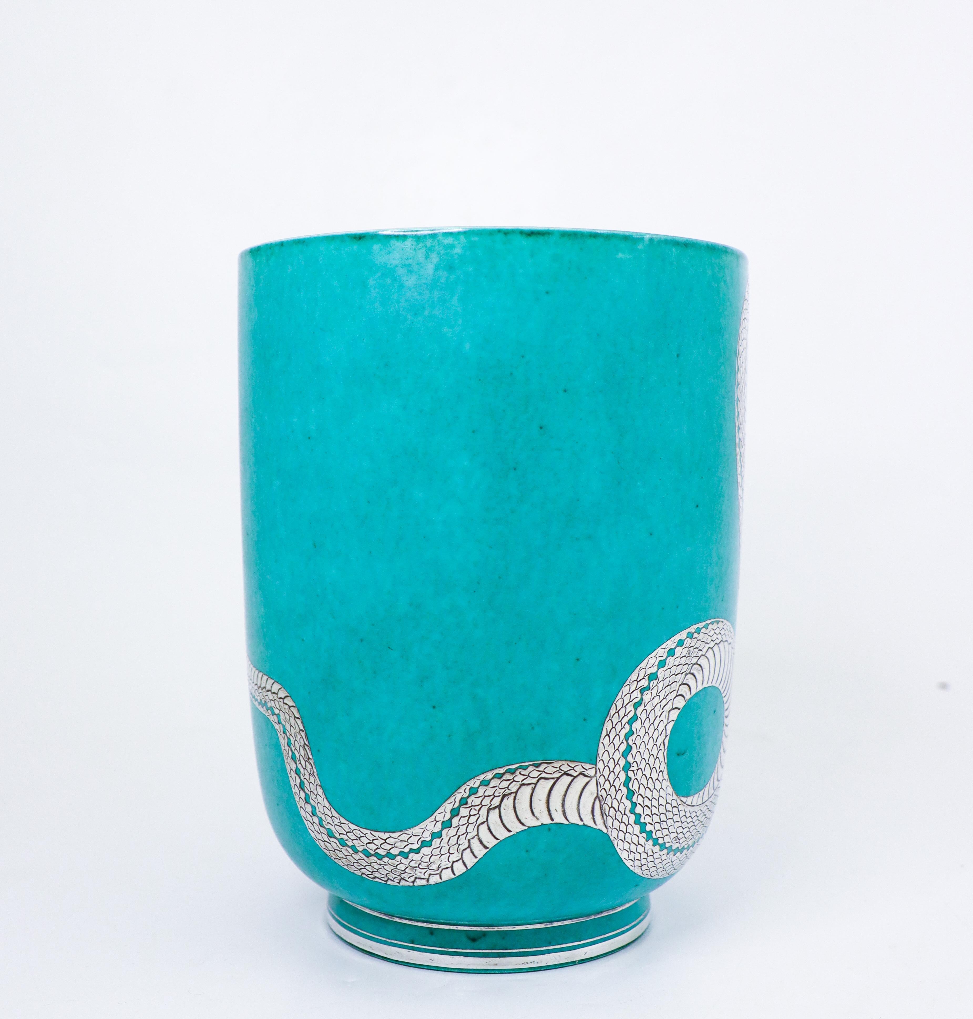 Swedish Super Rare Green Large Vase Argenta - Wilhelm Kåge - Gustavsberg - Snake For Sale