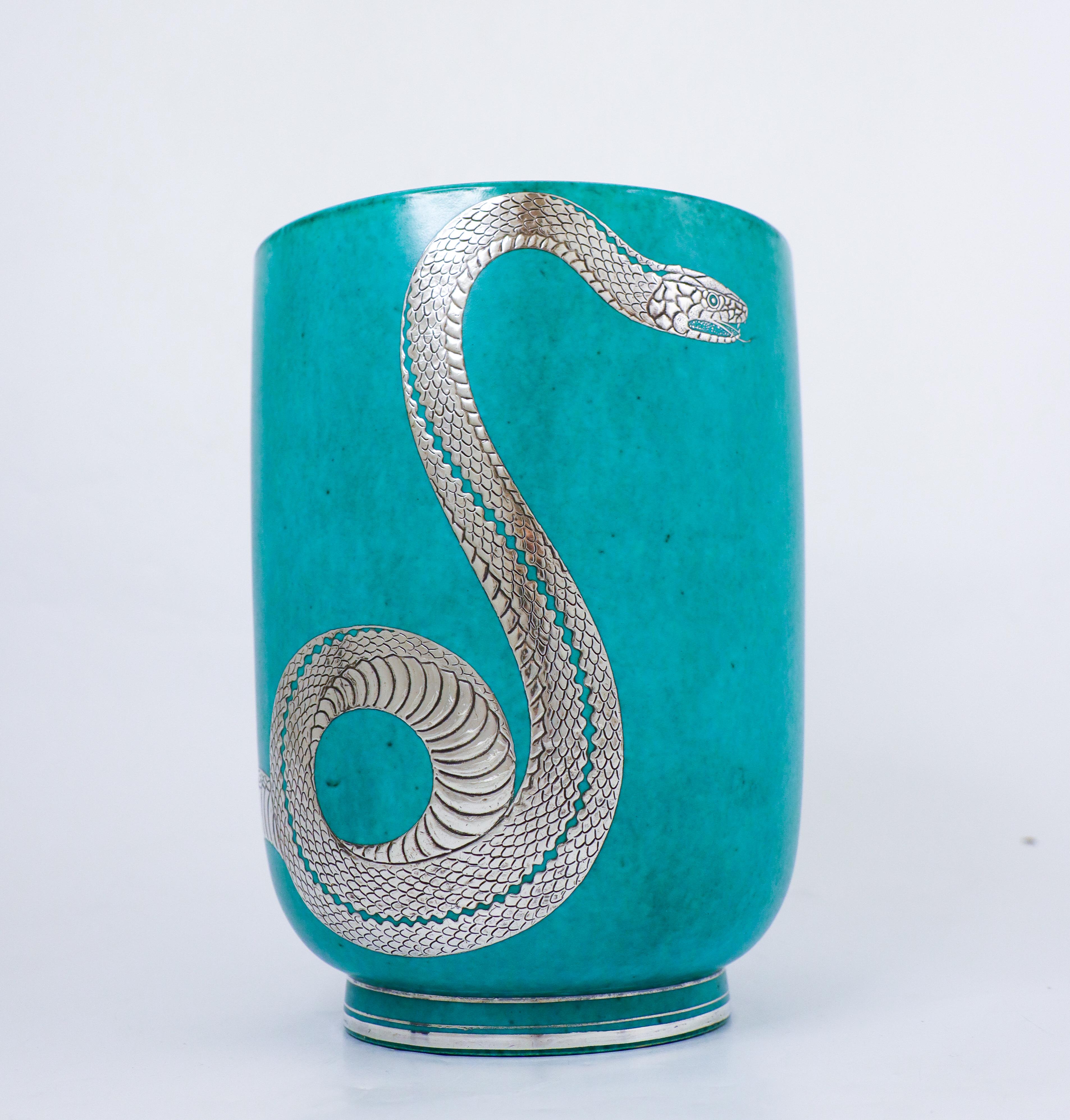 Glazed Super Rare Green Large Vase Argenta - Wilhelm Kåge - Gustavsberg - Snake For Sale