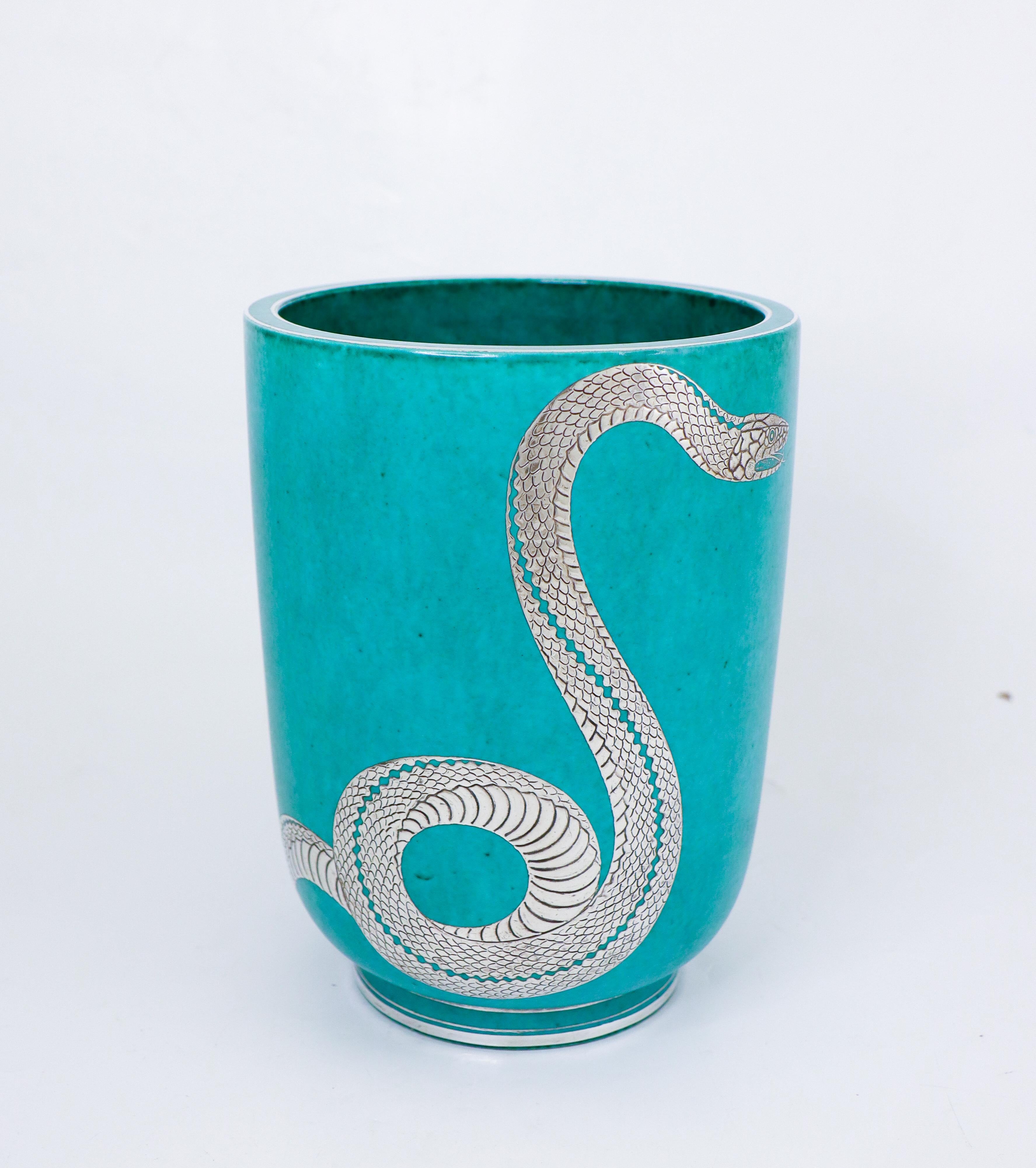 Super Rare Green Large Vase Argenta - Wilhelm Kåge - Gustavsberg - Snake In Excellent Condition For Sale In Stockholm, SE