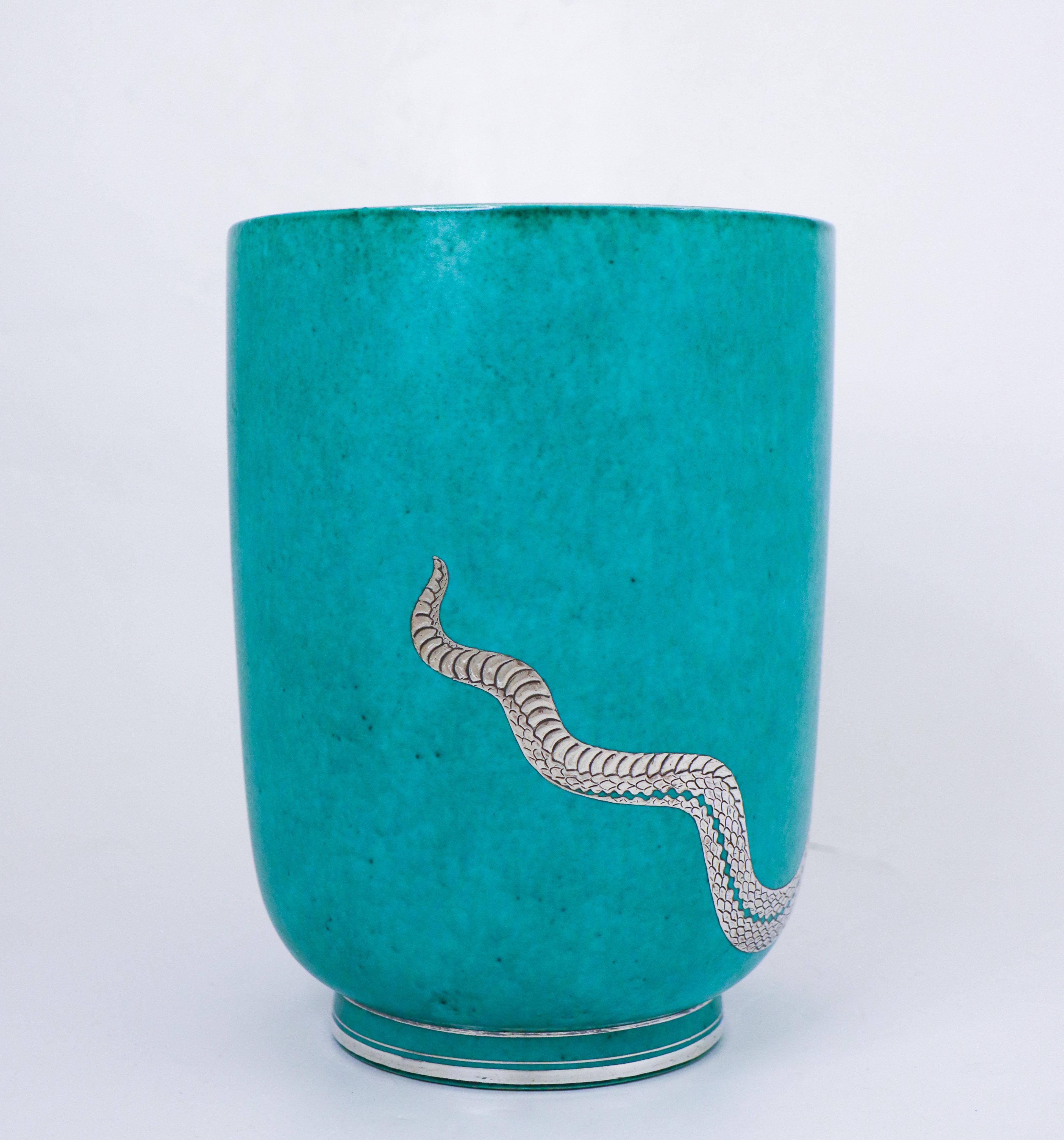 Stoneware Super Rare Green Large Vase Argenta - Wilhelm Kåge - Gustavsberg - Snake For Sale