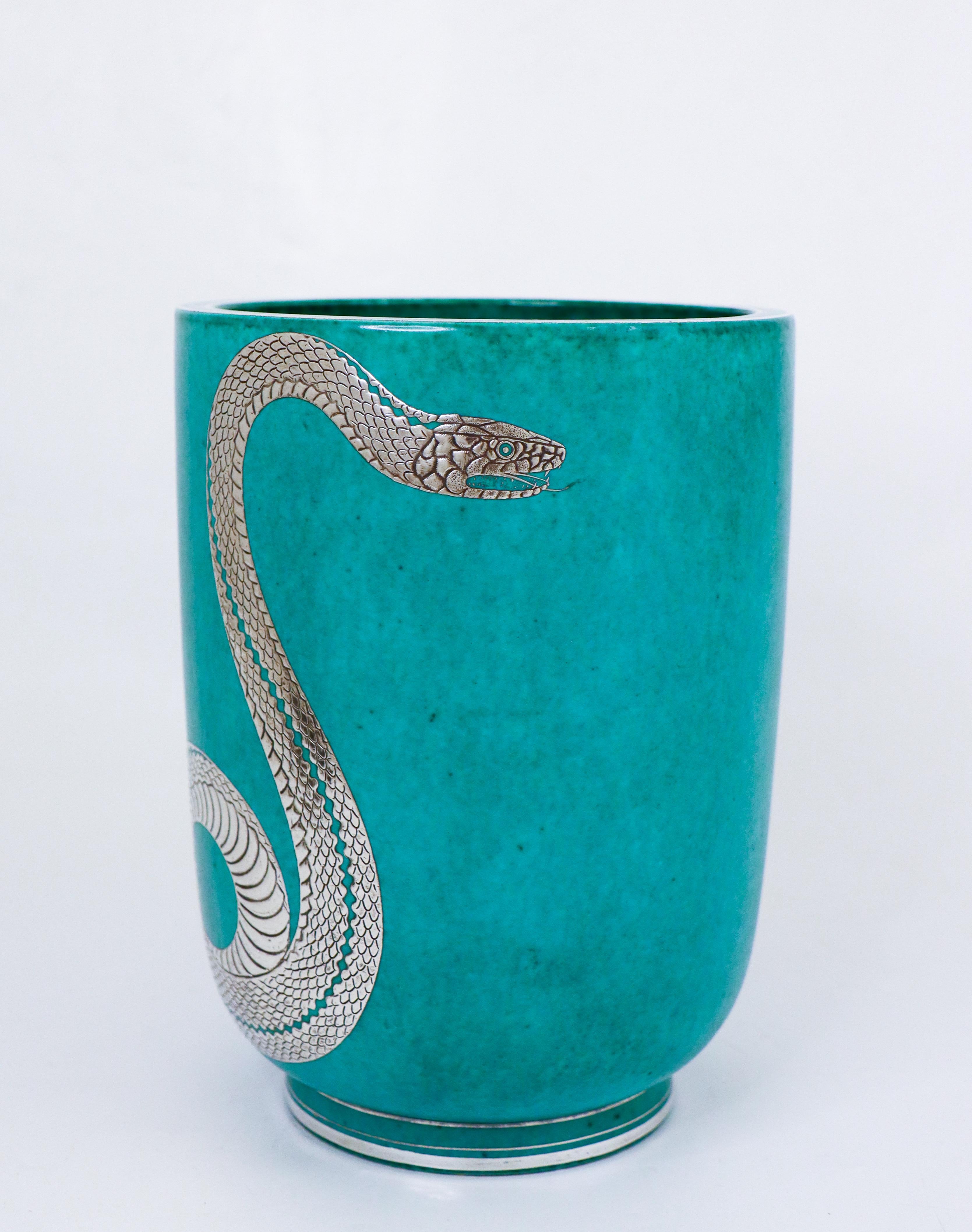 Super Rare Green Large Vase Argenta - Wilhelm Kåge - Gustavsberg - Snake For Sale 1