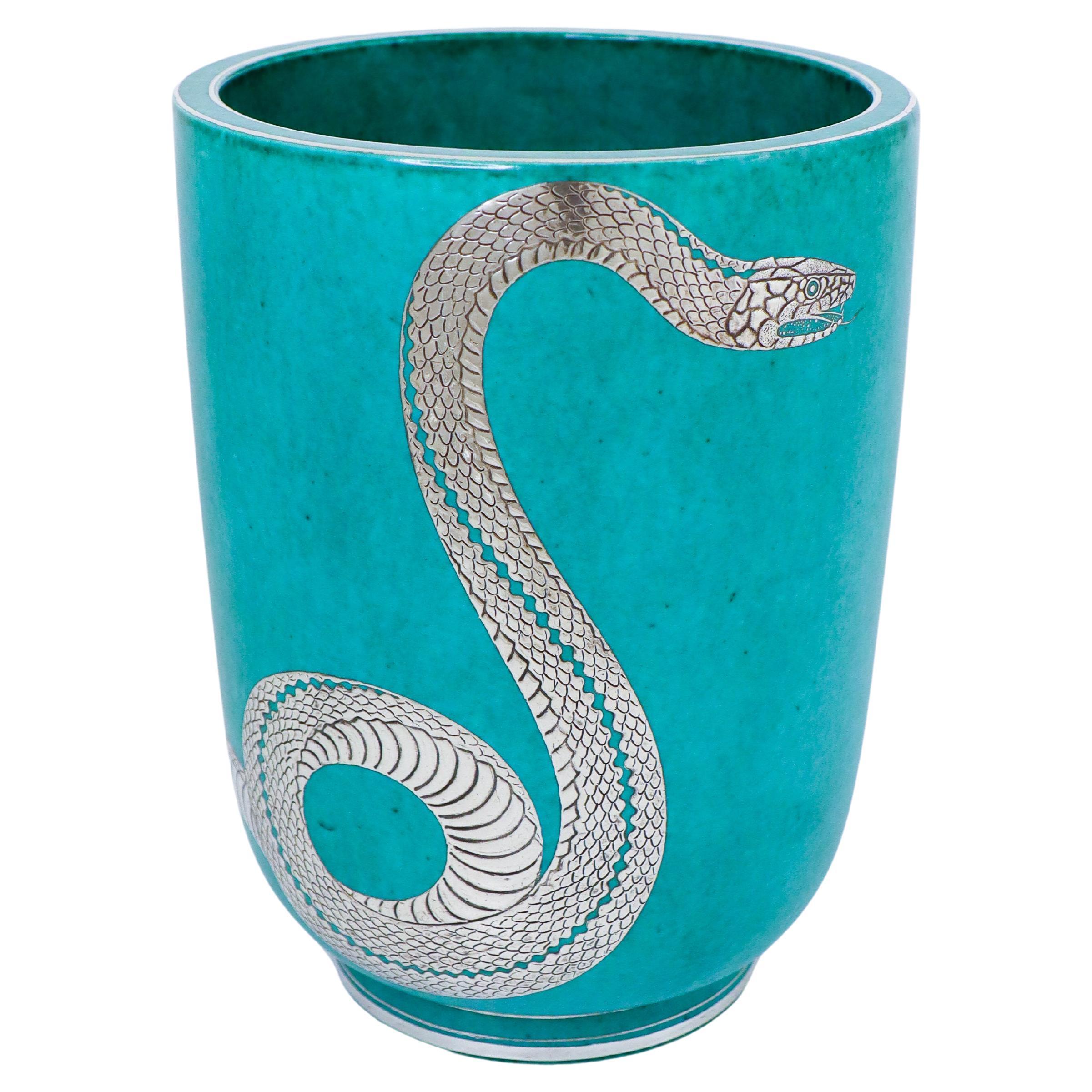Super Rare Green Large Vase Argenta - Wilhelm Kåge - Gustavsberg - Snake For Sale