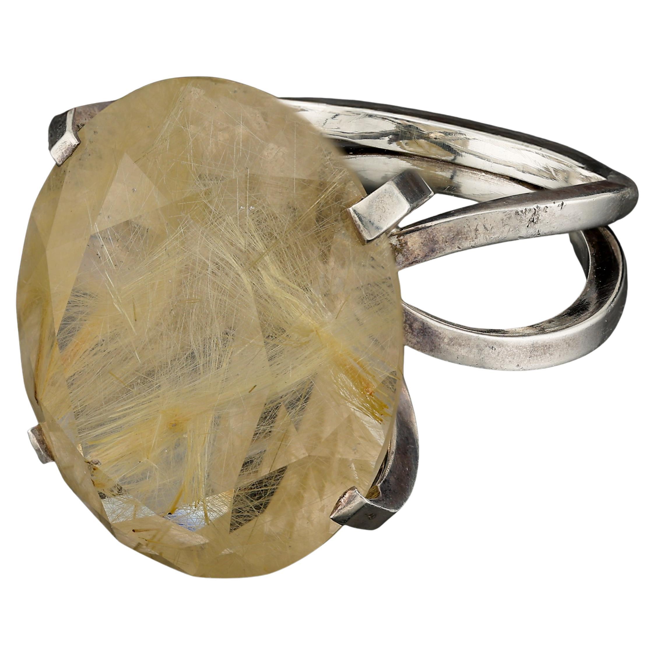 Super rare bague en argent en quartz rutilé à facettes en vente