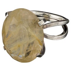 Super rare large faceted rutilated quartz silver ring