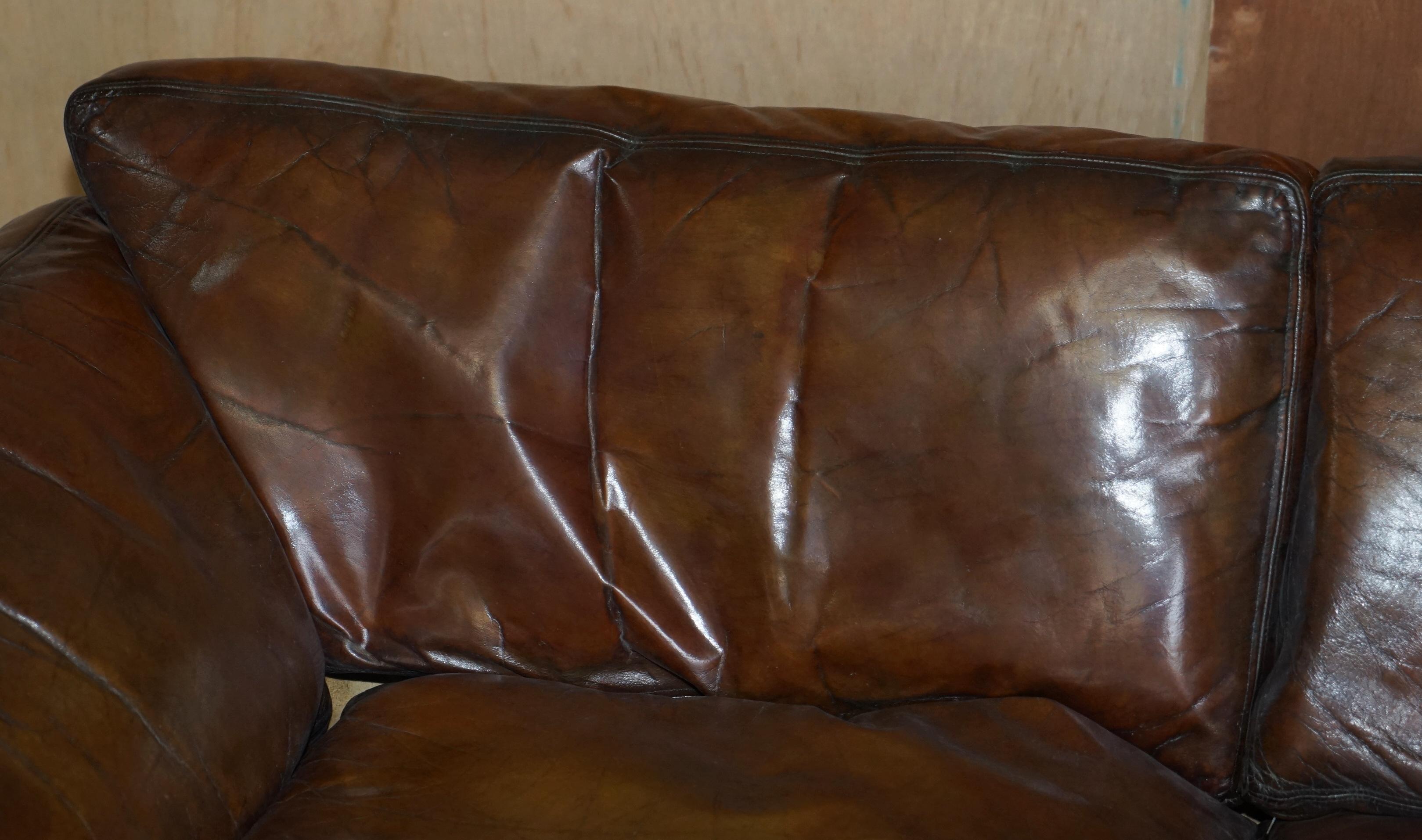 English Super Rare Low Mid-Century Modern Designer Fully Restored Brown Leather Sofa For Sale