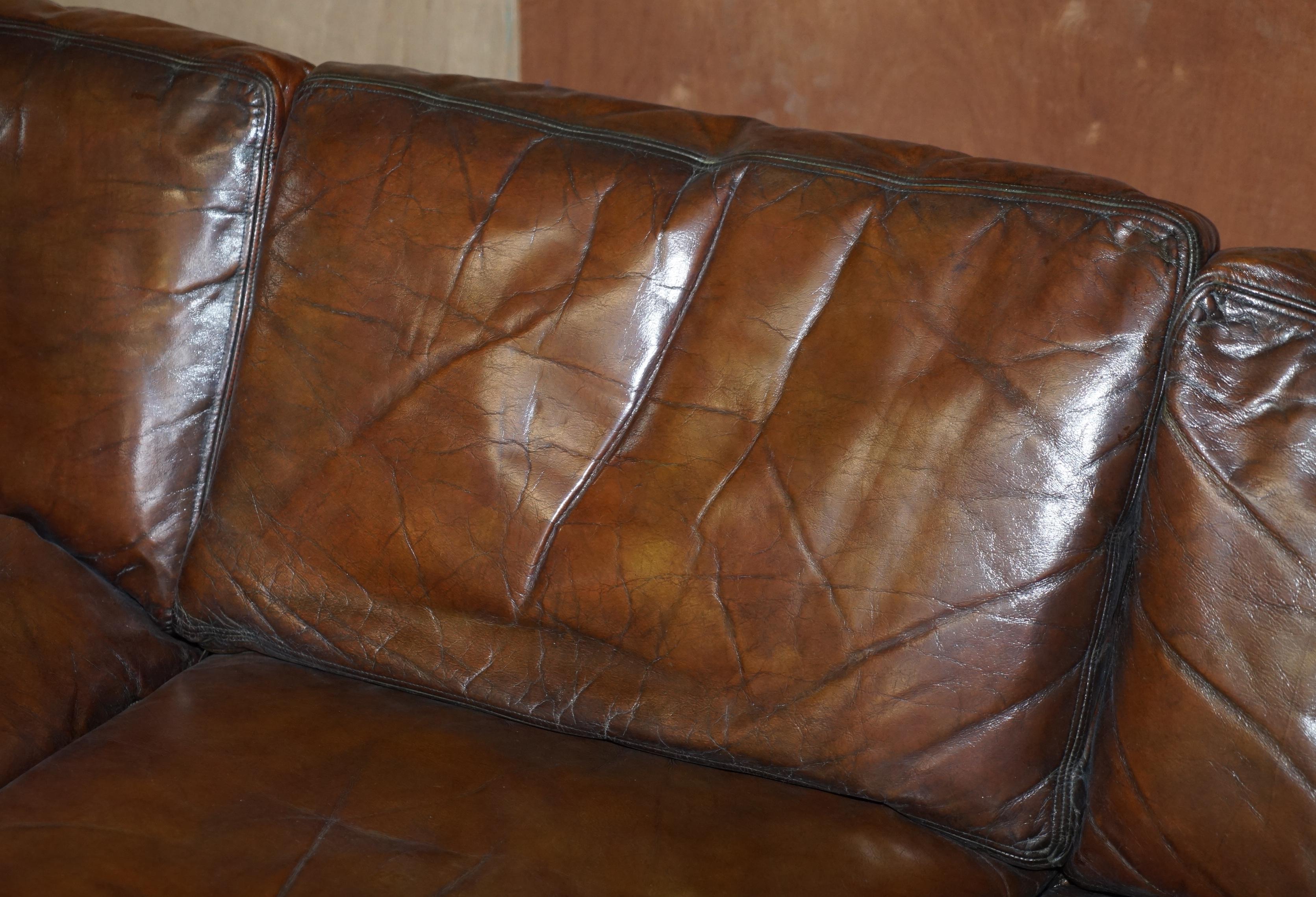 Hand-Crafted Super Rare Low Mid-Century Modern Designer Fully Restored Brown Leather Sofa For Sale
