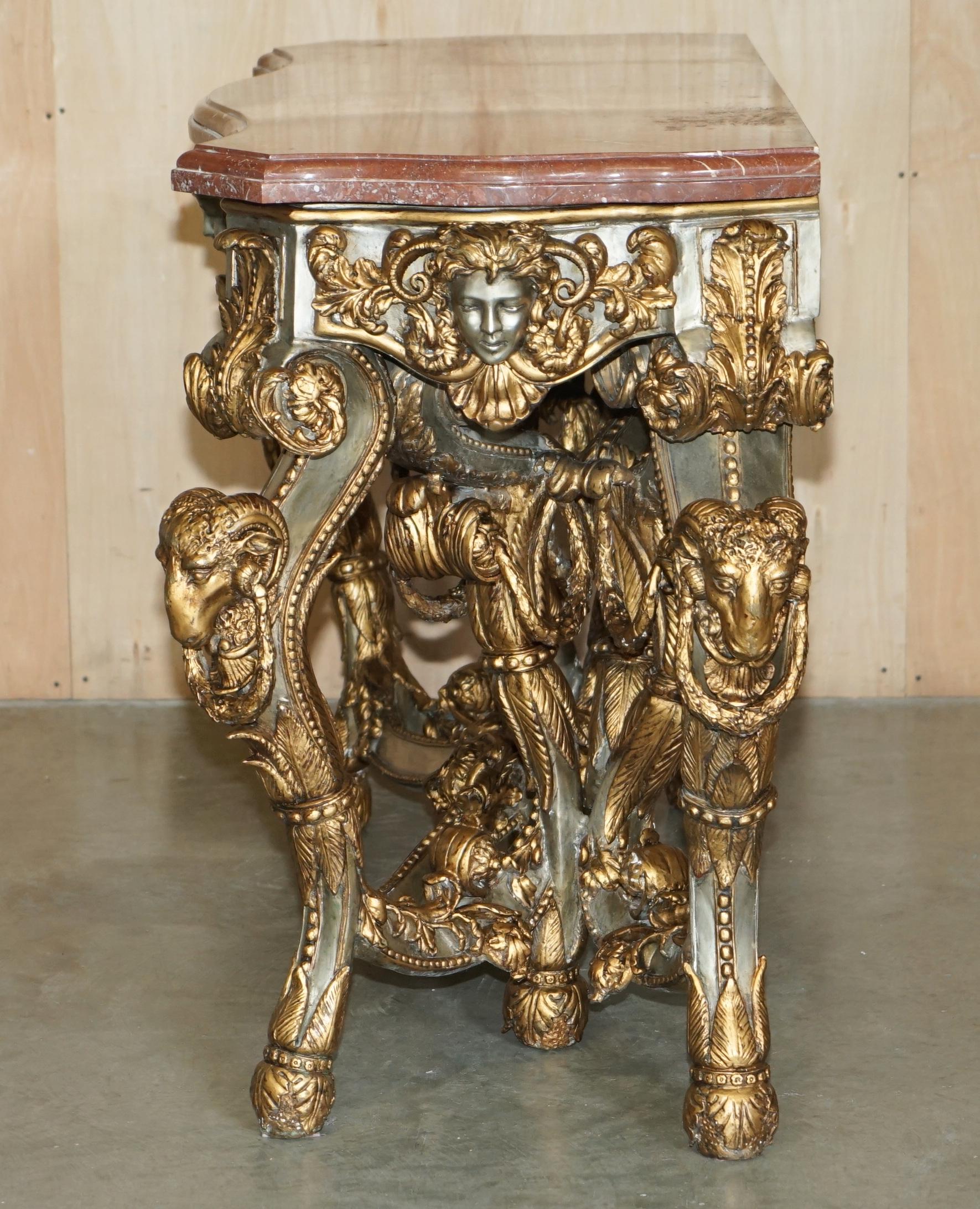 SUPER RARE METAL ANTiQUE BAROQUE RAMS & MAIDEN HEAD MARBLE TOPPED CONSOLE TABLE For Sale 12