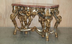 SUPER RARE METAL ANTiQUE BAROQUE RAMS & MAIDEN HEAD MARBLE TOPPED CONSOLE TABLE