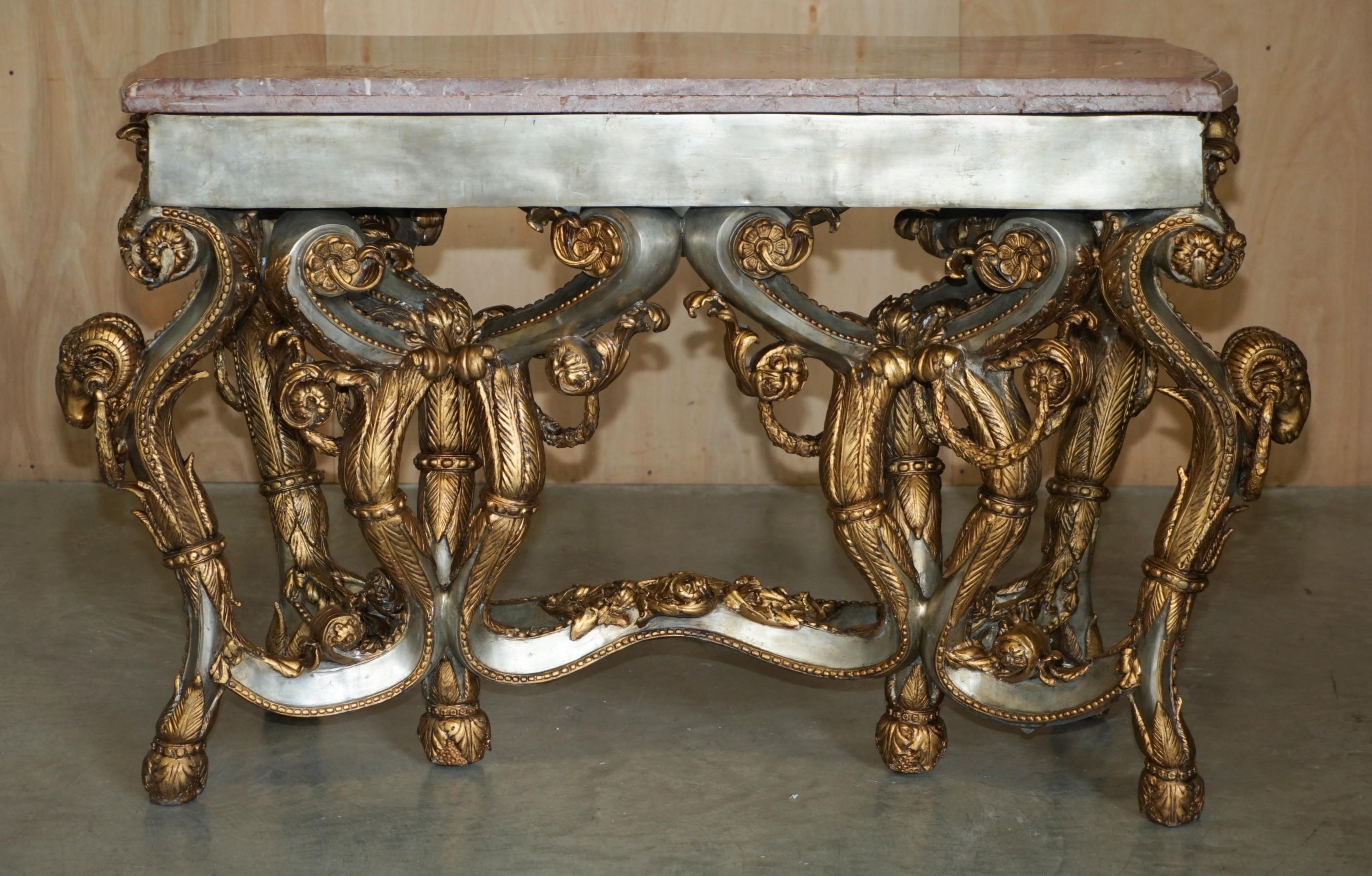 SUPER RARE METAL ANTiQUE BAROQUE RAMS & MAIDEN HEAD MARBLE TOPPED CONSOLE TABLE For Sale 13