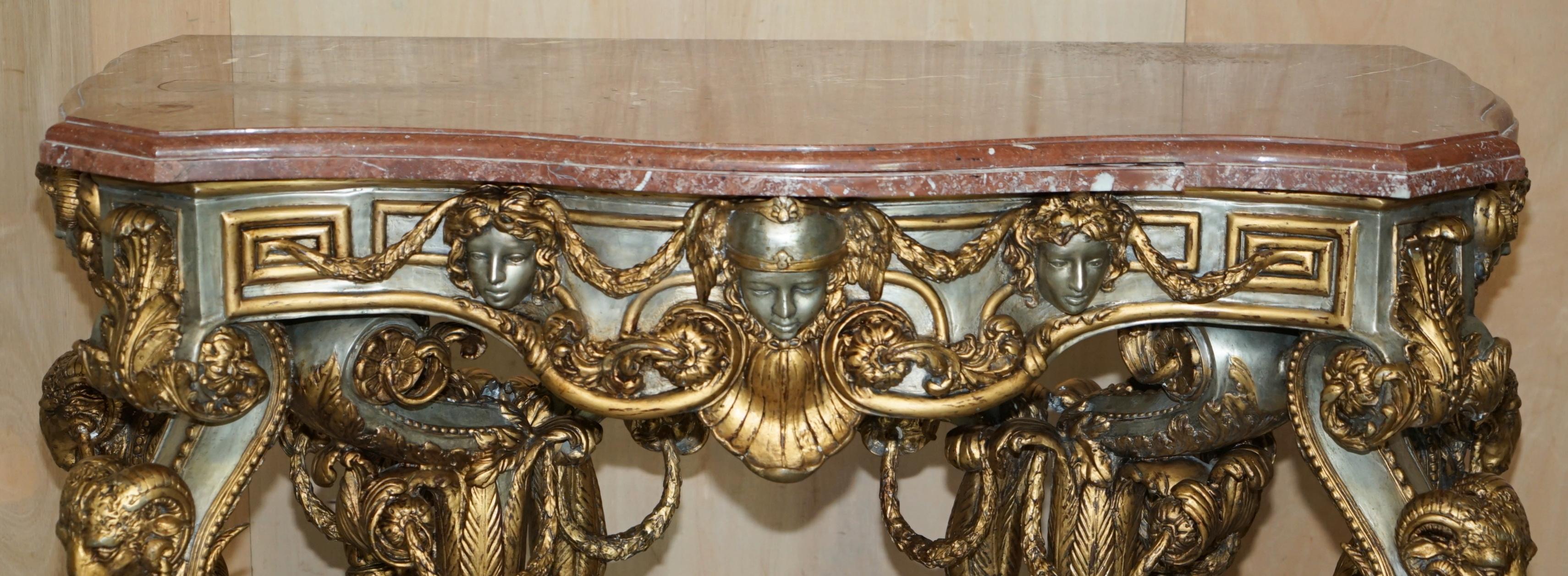 Baroque SUPER RARE METAL ANTiQUE BAROQUE RAMS & MAIDEN HEAD MARBLE TOPPED CONSOLE TABLE For Sale