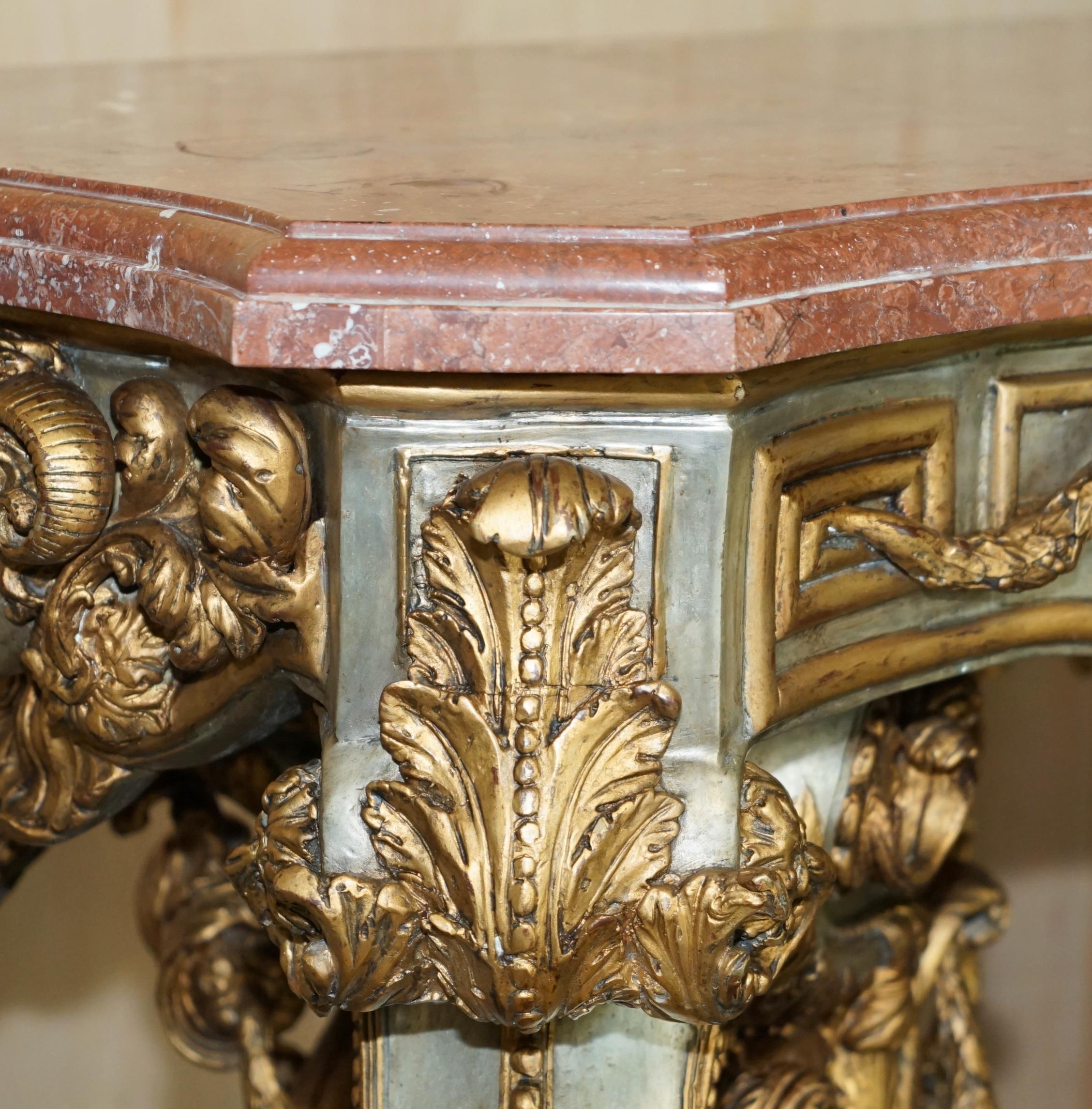 French SUPER RARE METAL ANTiQUE BAROQUE RAMS & MAIDEN HEAD MARBLE TOPPED CONSOLE TABLE For Sale