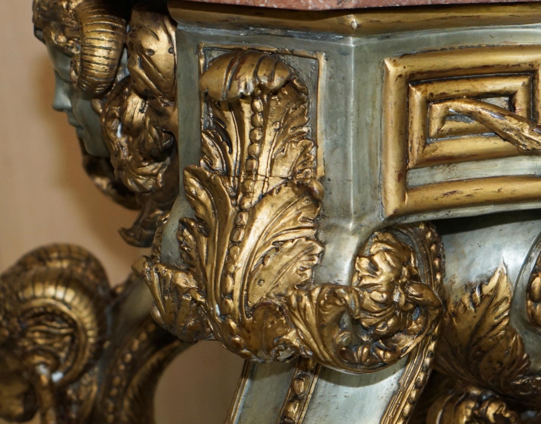 Hand-Crafted SUPER RARE METAL ANTiQUE BAROQUE RAMS & MAIDEN HEAD MARBLE TOPPED CONSOLE TABLE For Sale