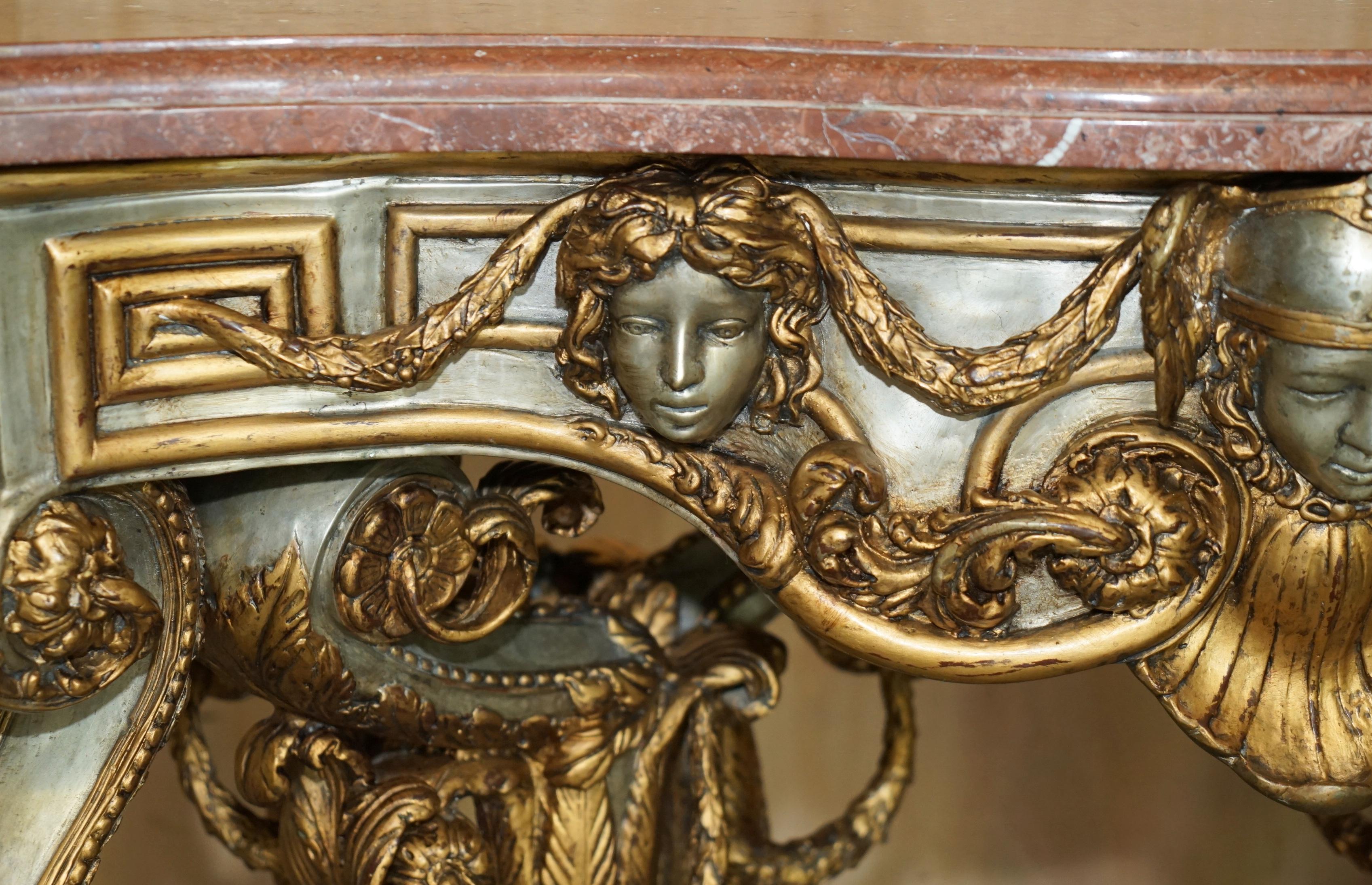 19th Century SUPER RARE METAL ANTiQUE BAROQUE RAMS & MAIDEN HEAD MARBLE TOPPED CONSOLE TABLE For Sale